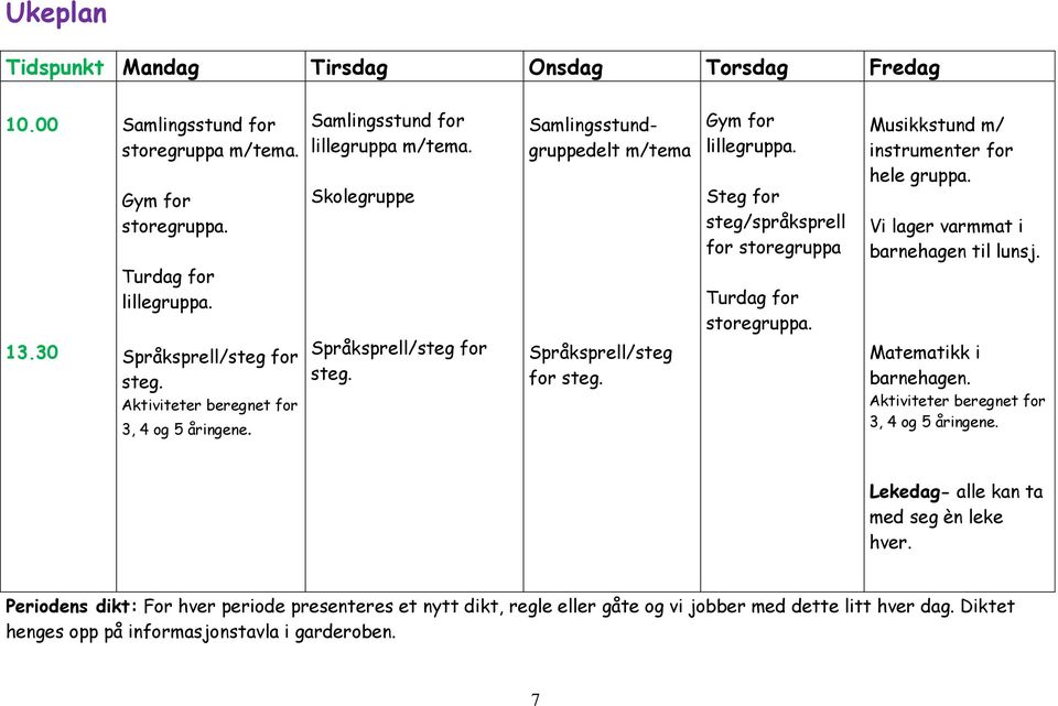 Steg for steg/språksprell for storegruppa Turdag for storegruppa. Musikkstund m/ instrumenter for hele gruppa. Vi lager varmmat i barnehagen til lunsj. Matematikk i barnehagen.