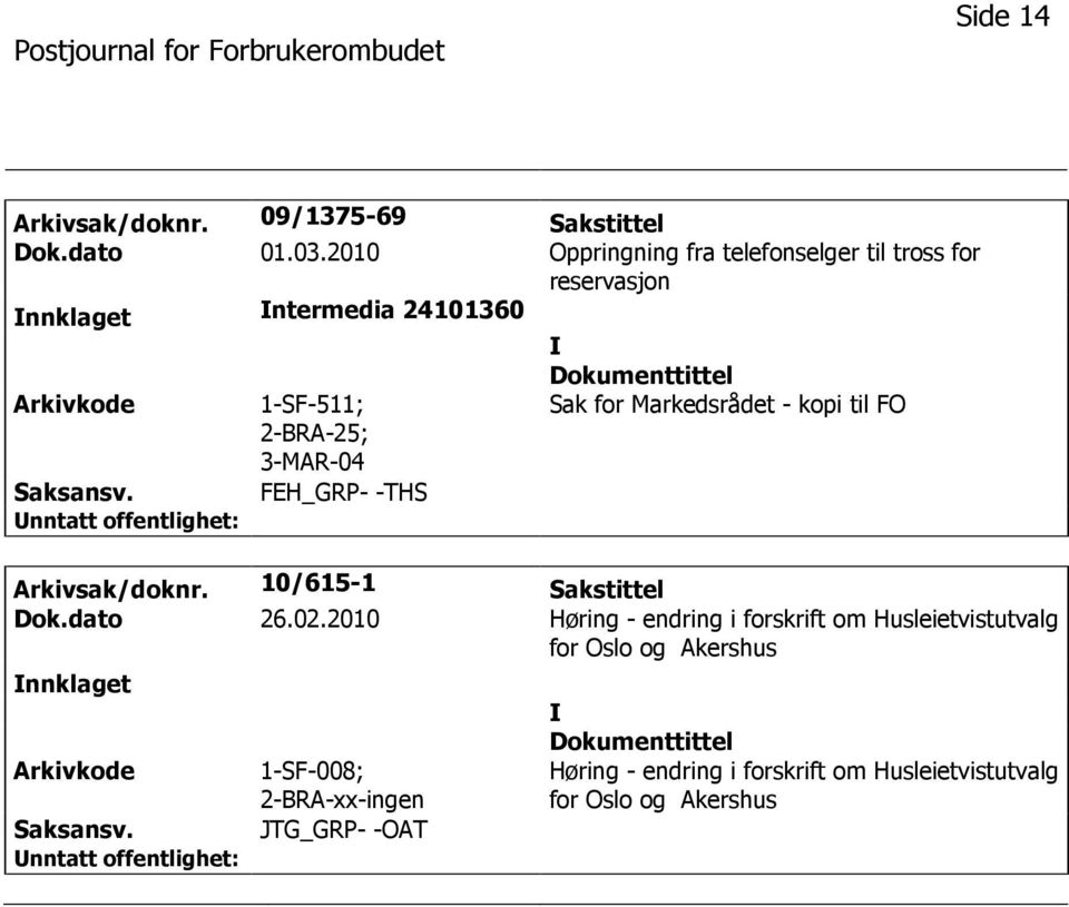 Sak for Markedsrådet - kopi til FO FEH_GRP- -THS Arkivsak/doknr. 10/615-1 Sakstittel Dok.dato 26.02.