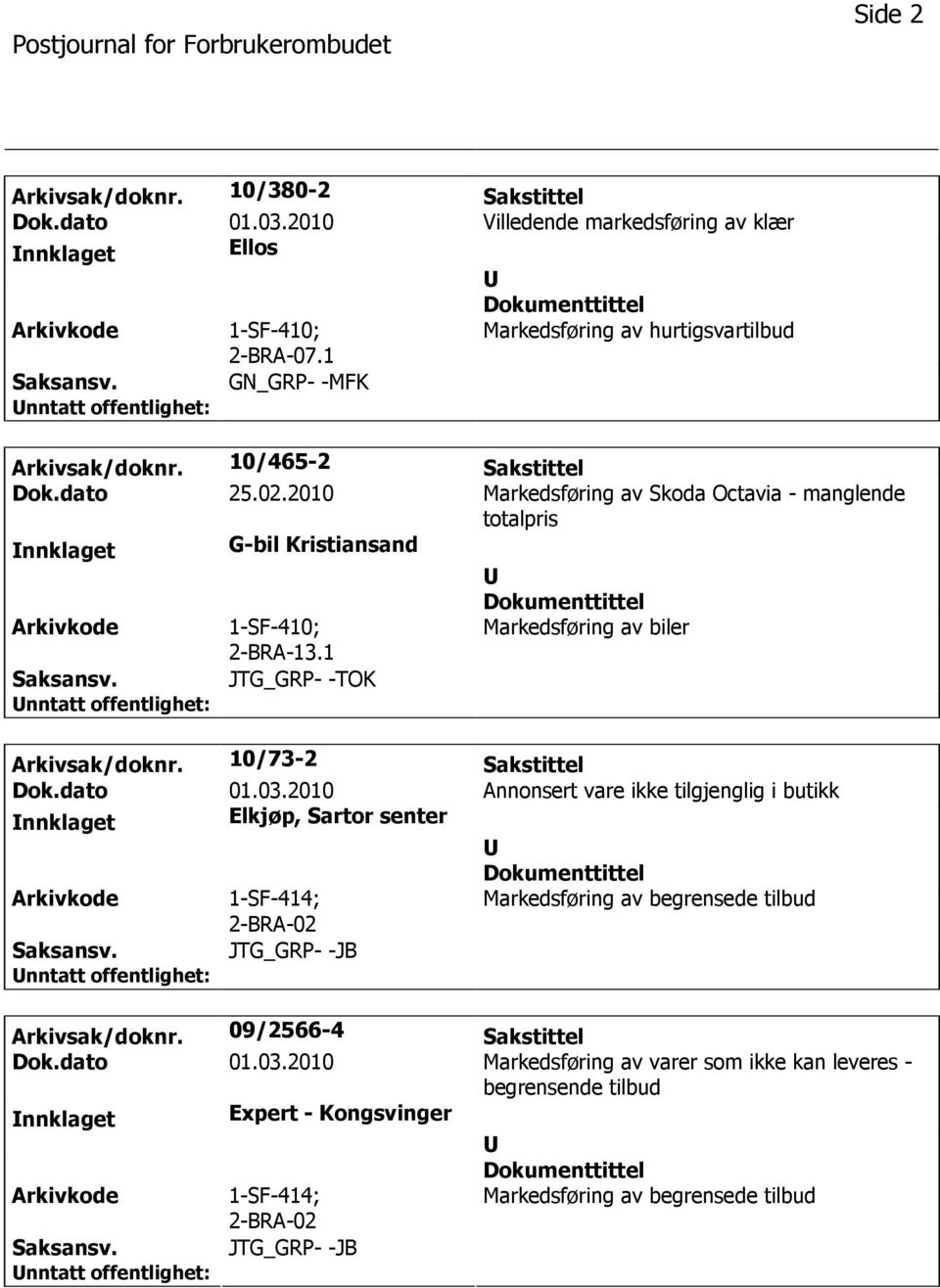 2010 Markedsføring av Skoda Octavia - manglende totalpris nnklaget G-bil Kristiansand 1-SF-410; 2-BRA-13.1 Markedsføring av biler JTG_GRP- -TOK Arkivsak/doknr.