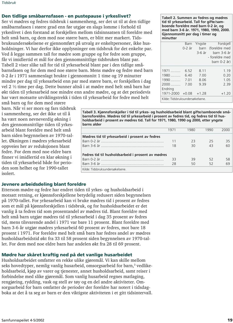 tidsinnsatsen til foreldre med helt små barn, og dem med noe større barn, er blitt mer markert. Tidsbruksundersøkelsene er gjennomført på utvalg av enkeltpersoner, ikke husholdninger.