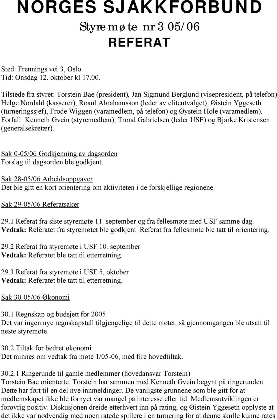 (turneringssjef), Frode Wiggen (varamedlem, på telefon) og Øystein Hole (varamedlem). Forfall: Kenneth Gvein (styremedlem), Trond Gabrielsen (leder USF) og Bjarke Kristensen (generalsekretær).