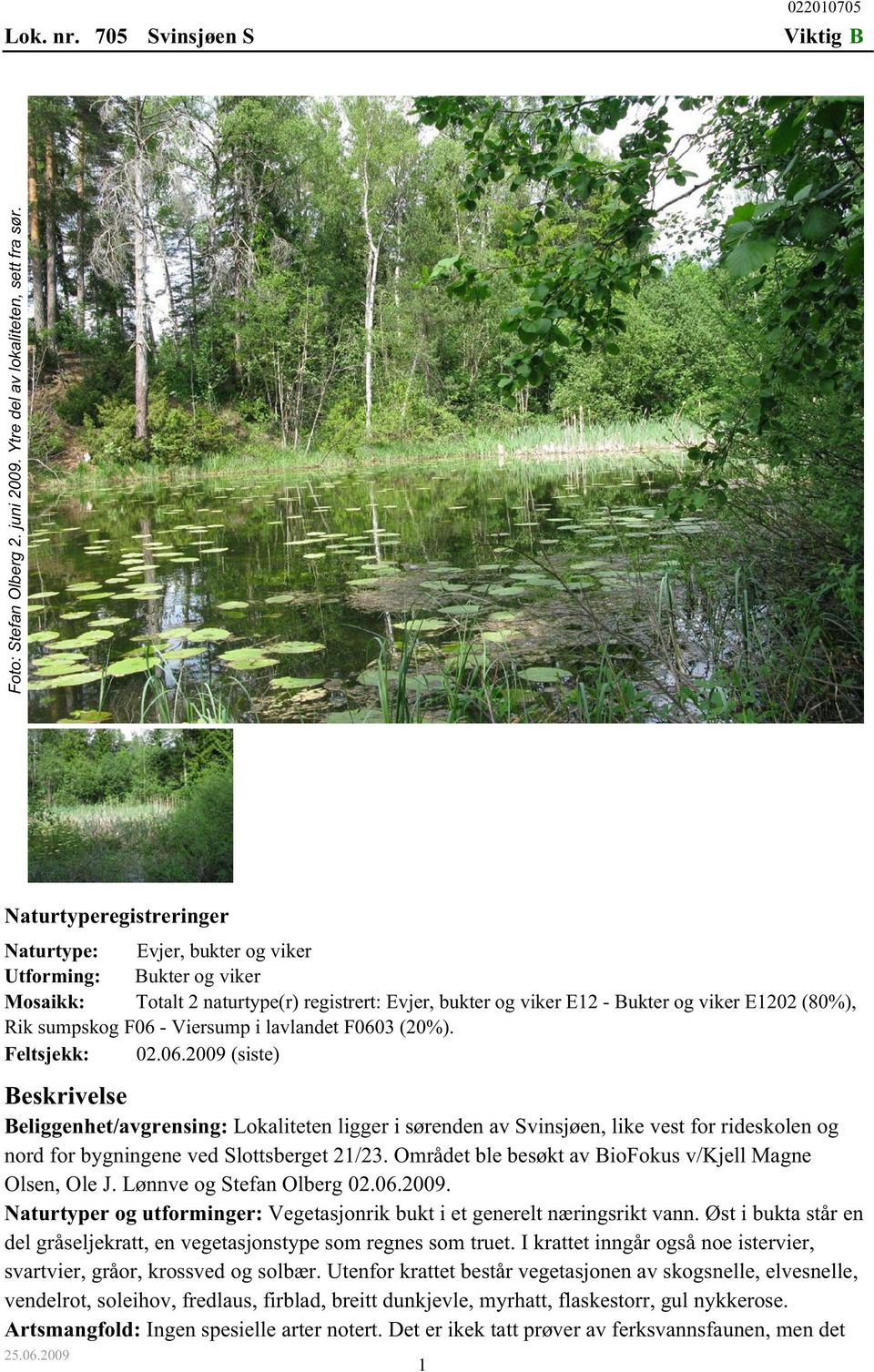 F06 - Viersump i lavlandet F0603 (20%). Feltsjekk: 02.06.2009 (siste) Beskrivelse Beliggenhet/avgrensing: Lokaliteten ligger i sørenden av Svinsjøen, like vest for rideskolen og nord for bygningene ved Slottsberget 21/23.