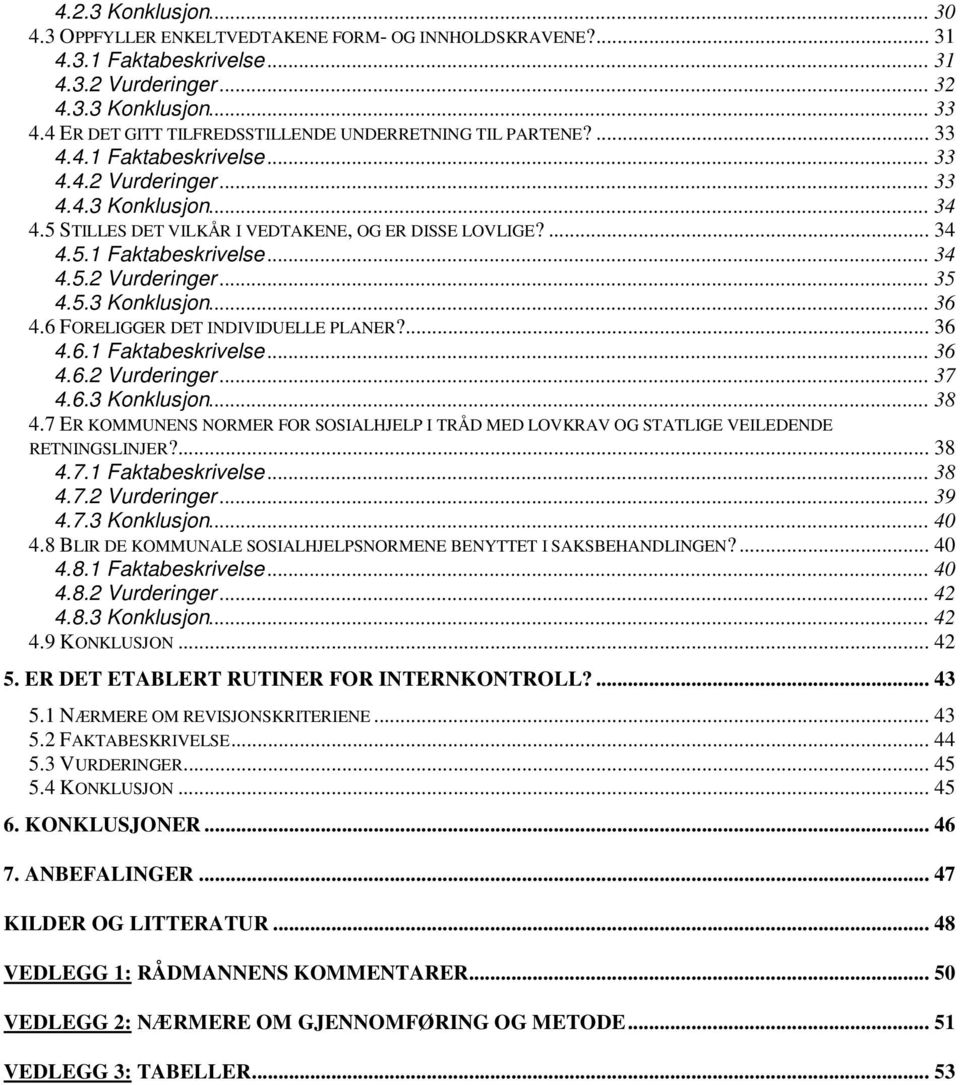 ... 34 4.5.1 Faktabeskrivelse... 34 4.5.2 Vurderinger... 35 4.5.3 Konklusjon... 36 4.6 FORELIGGER DET INDIVIDUELLE PLANER?... 36 4.6.1 Faktabeskrivelse... 36 4.6.2 Vurderinger... 37 4.6.3 Konklusjon... 38 4.