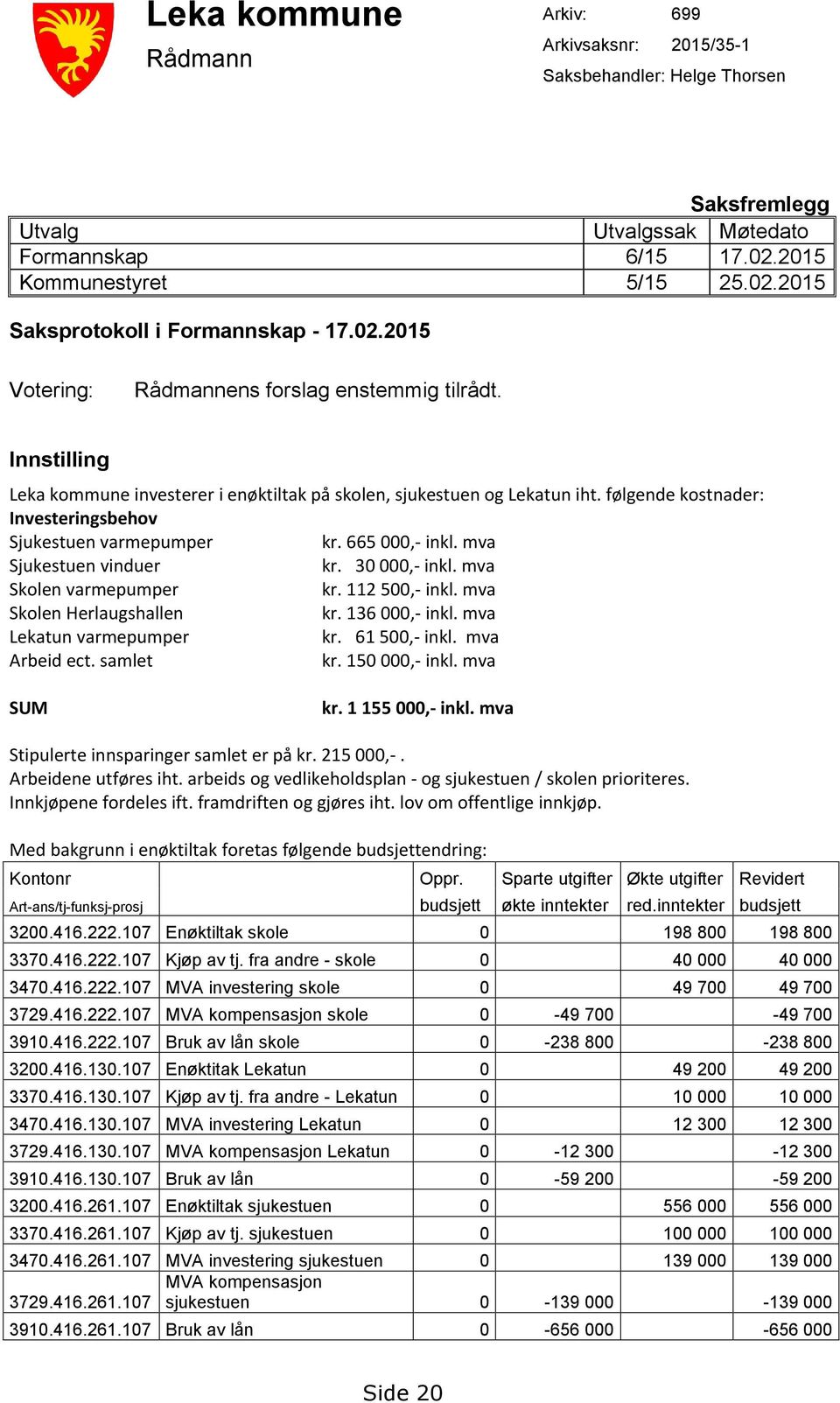 følgende kostnader: Investeringsbehov Sjukestuen varmepumper kr. 665 000,- inkl. mva Sjukestuen vinduer kr. 30 000,- inkl. mva Skolen varmepumper kr. 112 500,- inkl. mva Skolen Herlaugshallen kr.