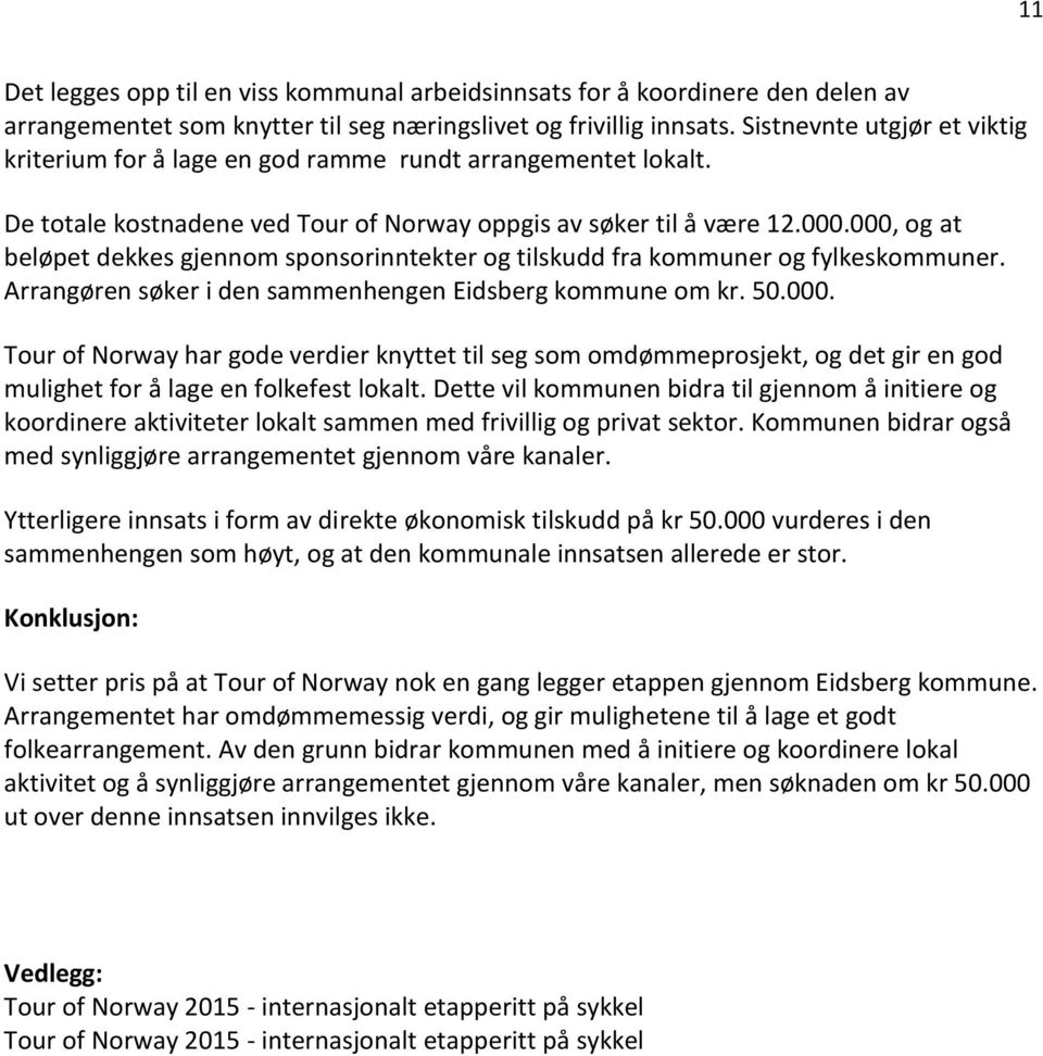 000, og at beløpet dekkes gjennom sponsorinntekter og tilskudd fra kommuner og fylkeskommuner. Arrangøren søker i den sammenhengen Eidsberg kommune om kr. 50.000. Tour of Norway har gode verdier knyttet til seg som omdømmeprosjekt, og det gir en god mulighet for å lage en folkefest lokalt.