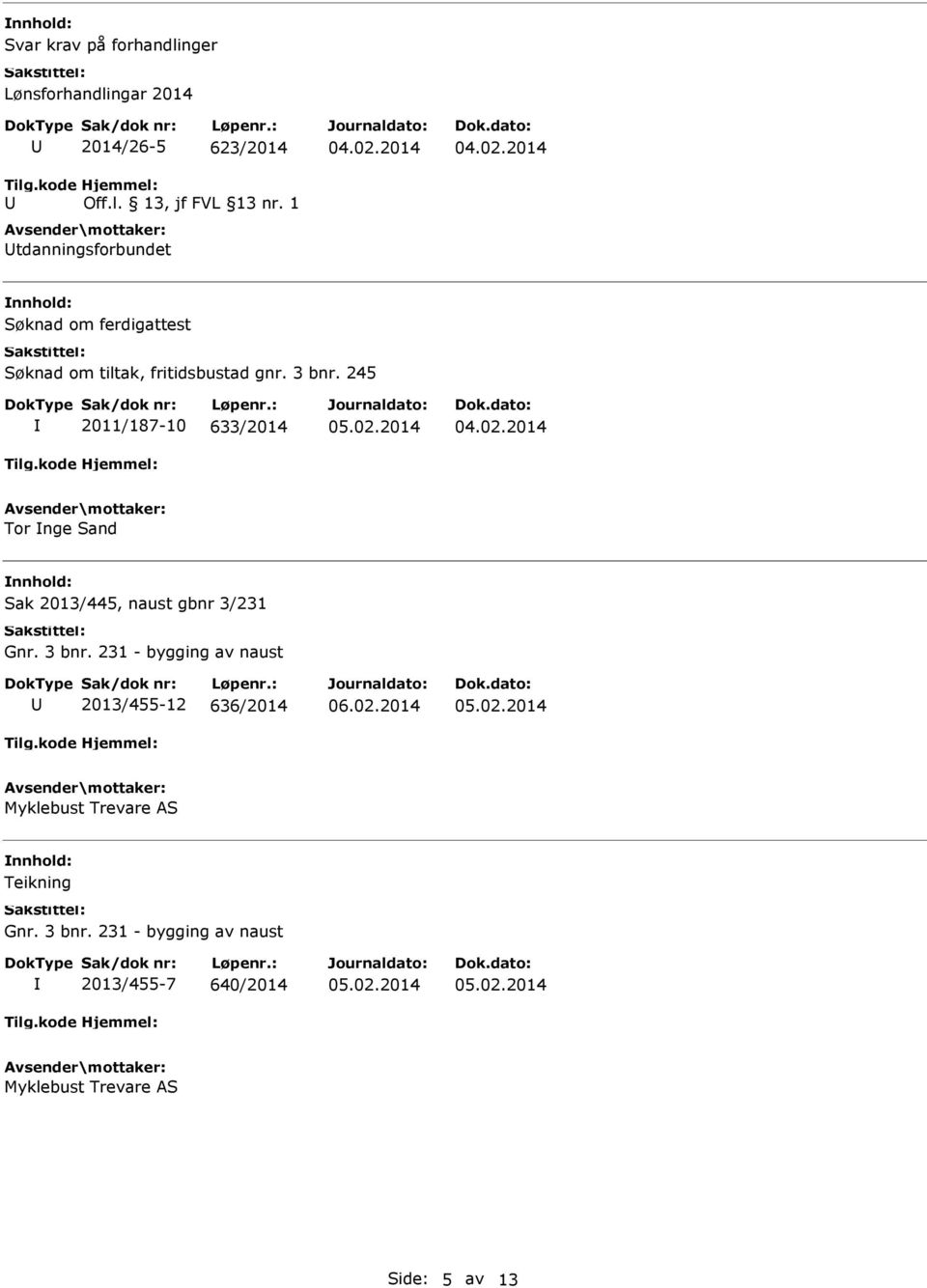 245 2011/187-10 633/2014 Tor nge Sand Sak 2013/445, naust gbnr 3/231 Gnr. 3 bnr.