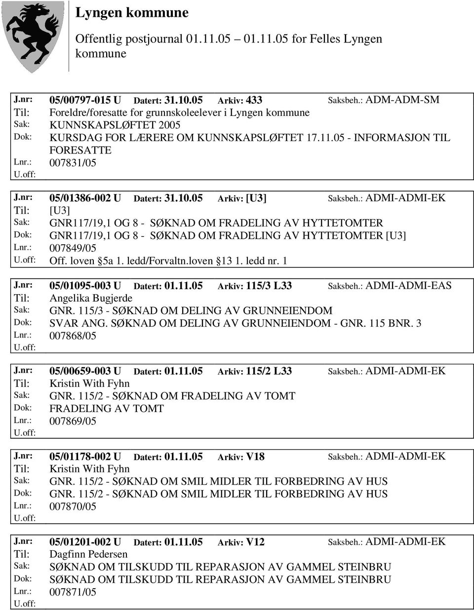 : ADMI-ADMI-EK Til: [U3] Sak: GNR117/19,1 OG 8 - SØKNAD OM FRADELING AV HYTTETOMTER Dok: GNR117/19,1 OG 8 - SØKNAD OM FRADELING AV HYTTETOMTER [U3] Lnr.: 007849/05 Off. loven 5a 1. ledd/forvaltn.