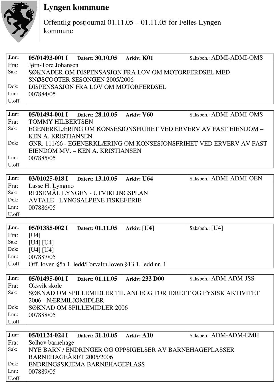 nr: 05/01494-001 I Datert: 28.10.05 Arkiv: V60 Saksbeh.: ADMI-ADMI-OMS Fra: TOMMY HILBERTSEN Sak: EGENERKLÆRING OM KONSESJONSFRIHET VED ERVERV AV FAST EIENDOM KEN A. KRISTIANSEN Dok: GNR.