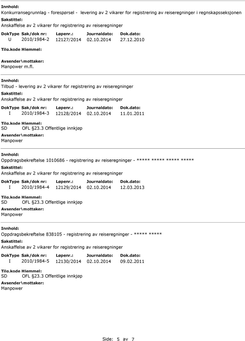 /1984-3 12128/2014 OFL 23.3 Offentlige innkjøp Manpower 11.01.2011 Oppdragsbekreftelse 1010686 - registrering av reiseregninger - 2010/1984-4 12129/2014 OFL 23.