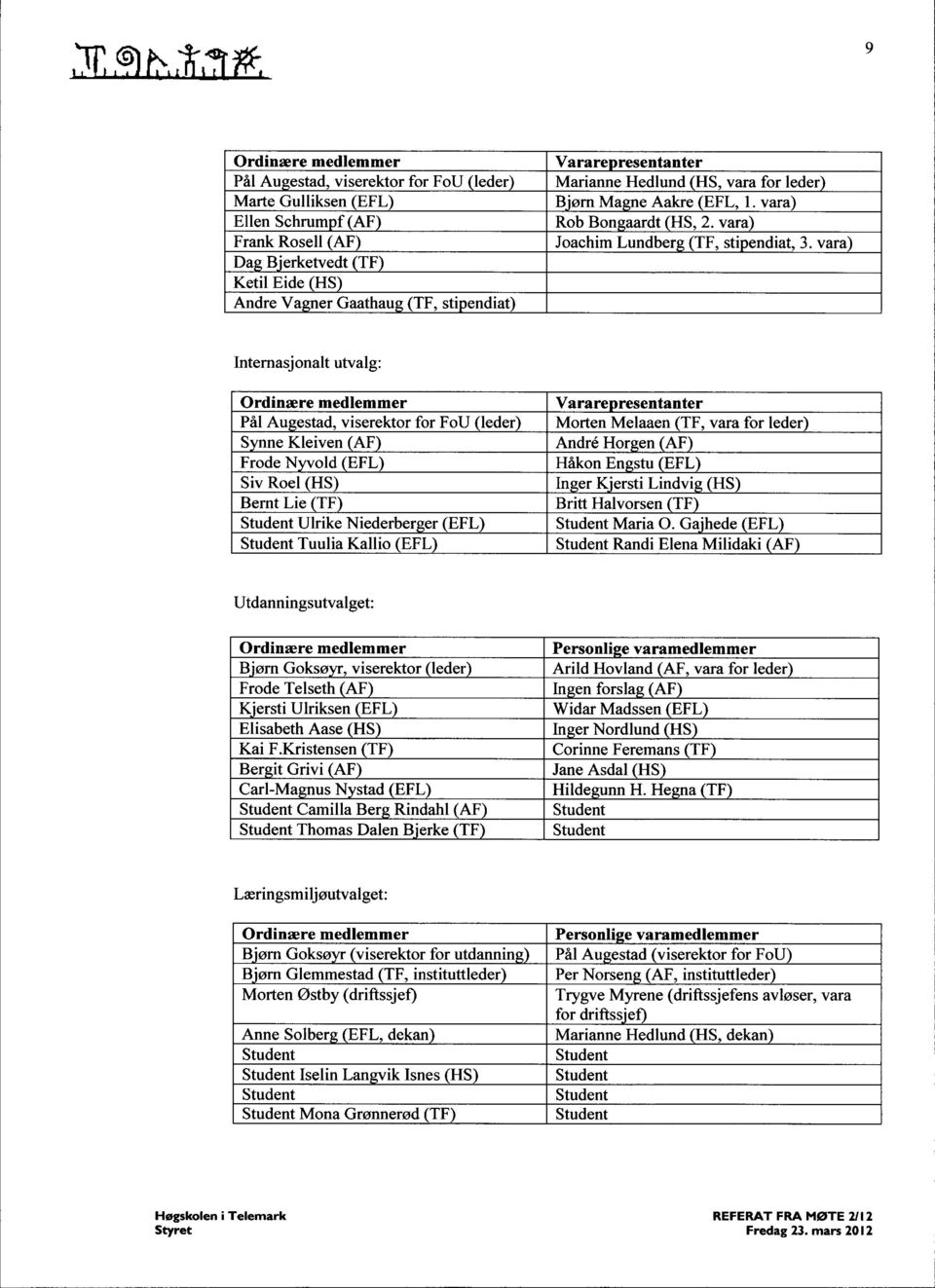 vara) Internasjonalt utvalg: Ordinære medlemmer Pål Augestad, viserektor for FoU (leder) S nne Kleiven AF Frode Nyvold EFL Siv Roel (HS) Bernt Lie TF Ulrike Niederber er (EFL) Tuulia Kallio EFL