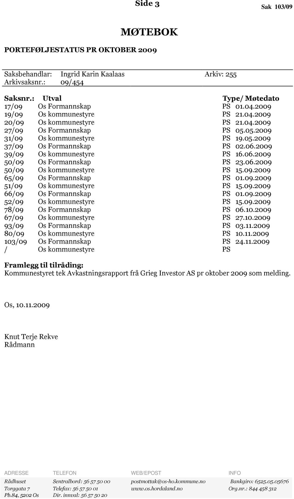 2009 39/09 Os kommunestyre PS 16.06.2009 50/09 Os Formannskap PS 23.06.2009 50/09 Os kommunestyre PS 15.09.2009 65/09 Os Formannskap PS 01.09.2009 51/09 Os kommunestyre PS 15.09.2009 66/09 Os Formannskap PS 01.