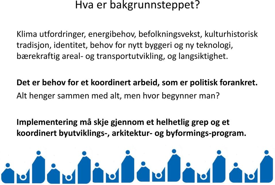 byggeri og ny teknologi, bærekraftig areal- og transportutvikling, og langsiktighet.