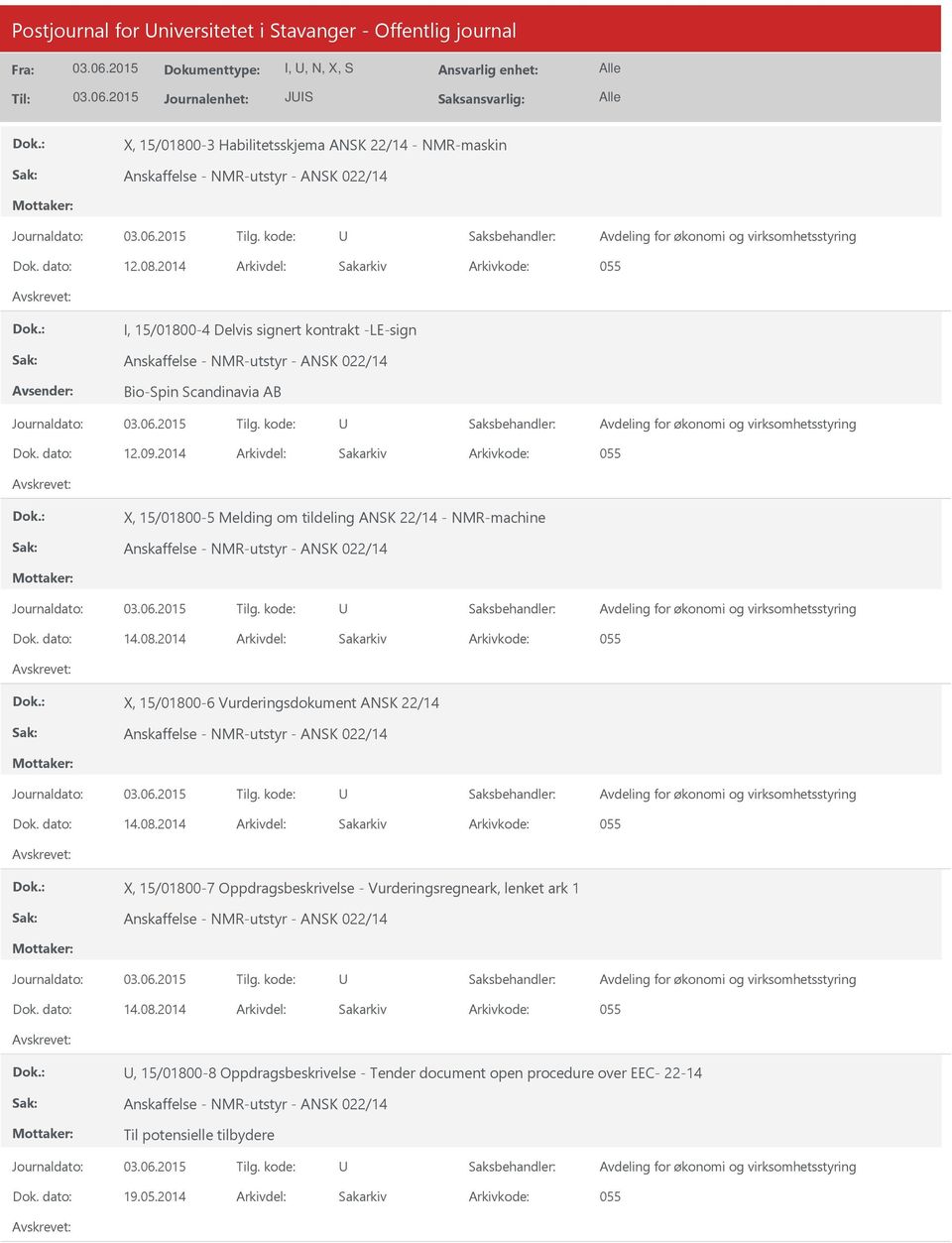 2014 Arkivdel: Sakarkiv X, 15/01800-5 Melding om tildeling ANSK 22/14 - NMR-machine Anskaffelse - NMR-utstyr - ANSK 022/14 Dok. dato: 14.08.