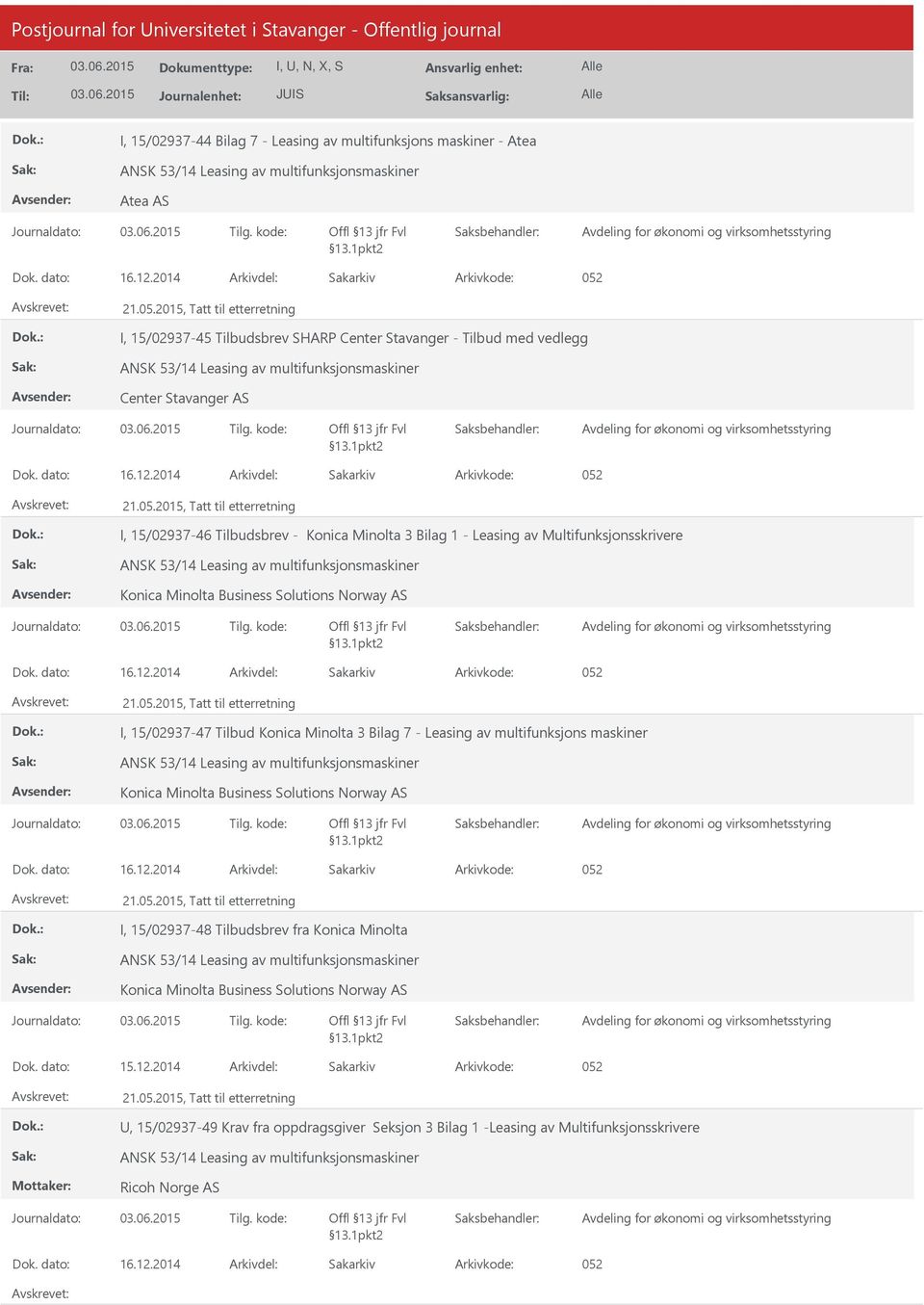 2014 Arkivdel: Sakarkiv I, 15/02937-46 Tilbudsbrev - Konica Minolta 3 Bilag 1 - Leasing av Multifunksjonsskrivere Konica Minolta Business Solutions Norway AS Dok. dato: 16.12.