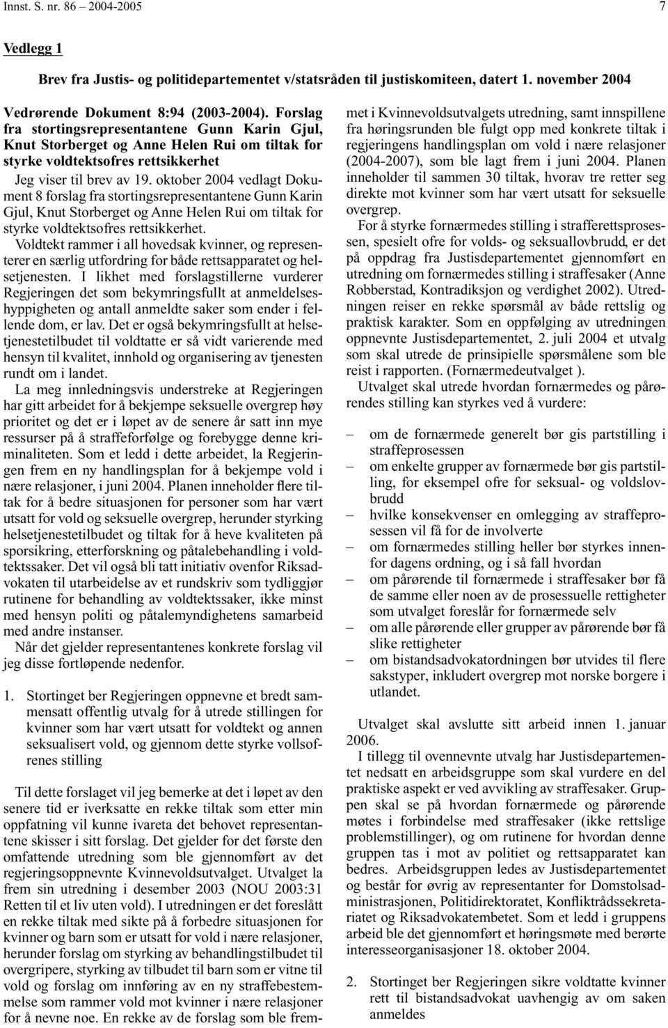 oktober 2004 vedlagt Dokument 8 forslag fra stortingsrepresentantene Gunn Karin Gjul, Knut Storberget og Anne Helen Rui om tiltak for styrke voldtektsofres rettsikkerhet.