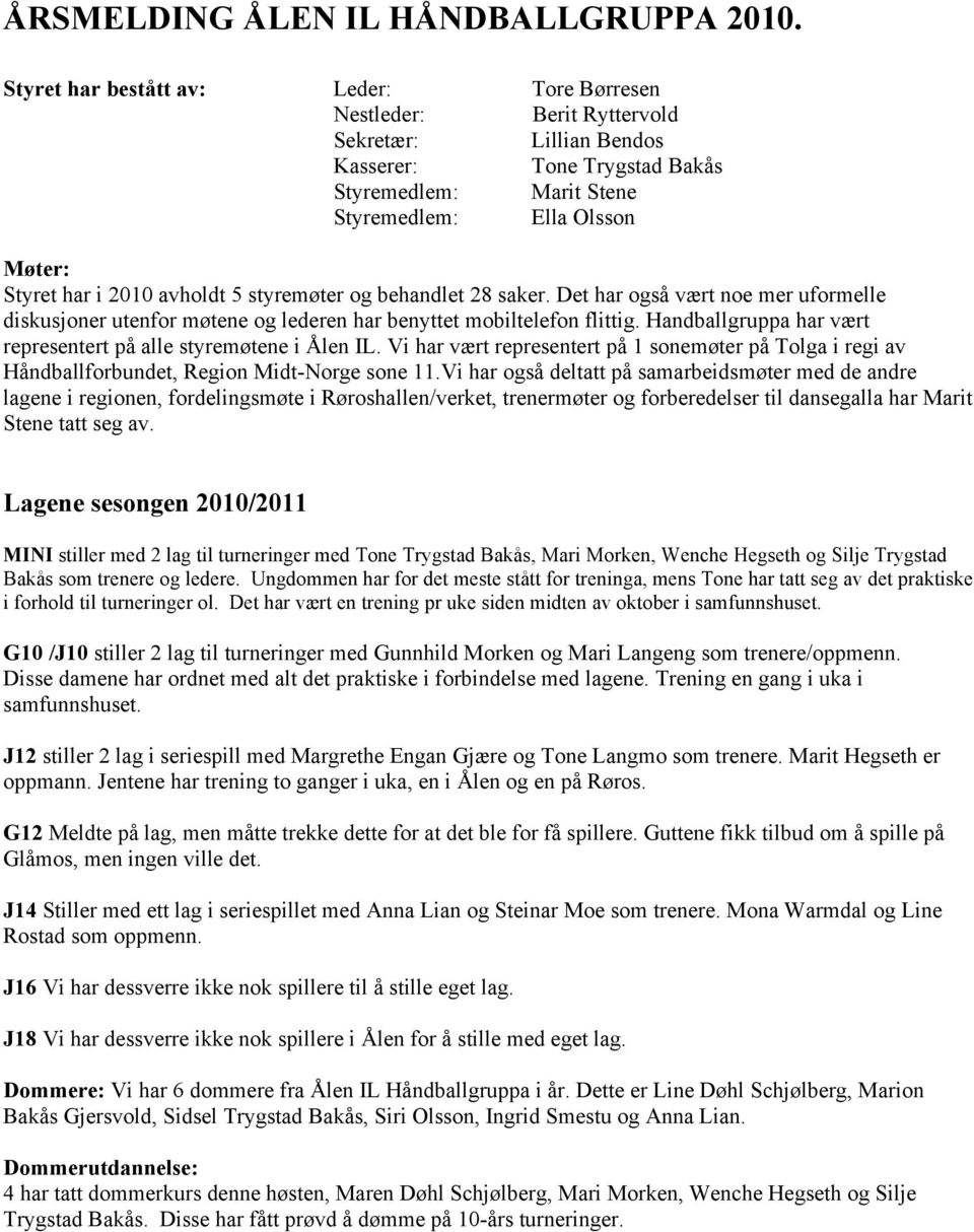 2010 avholdt 5 styremøter og behandlet 28 saker. Det har også vært noe mer uformelle diskusjoner utenfor møtene og lederen har benyttet mobiltelefon flittig.