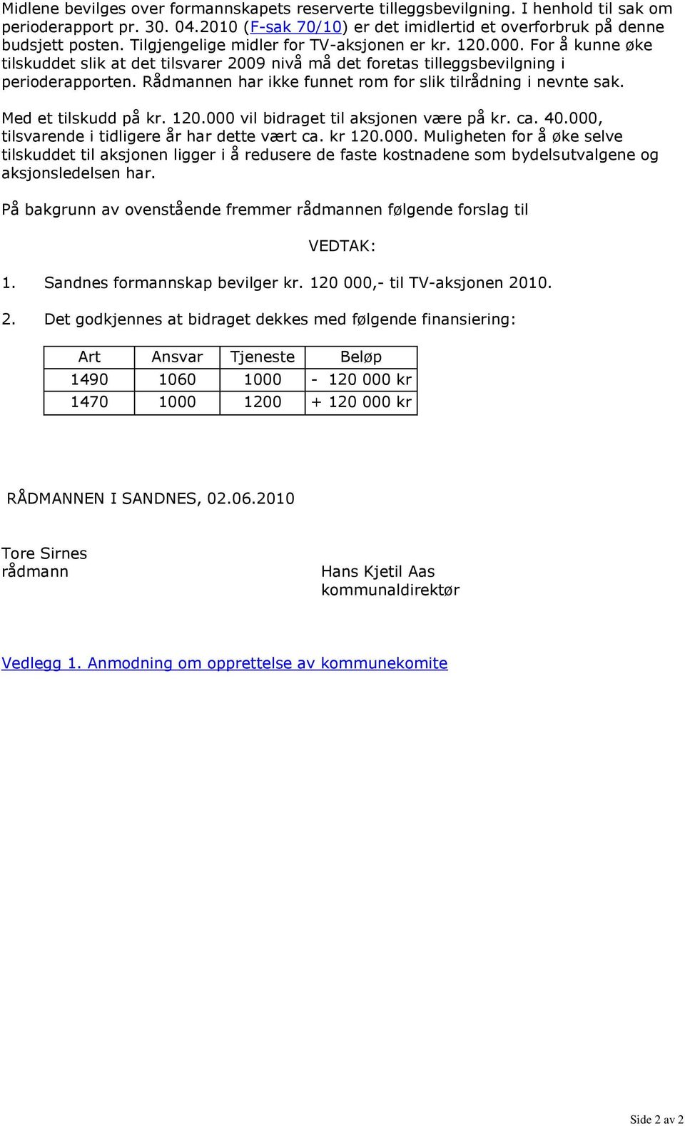 Rådmannen har ikke funnet rom for slik tilrådning i nevnte sak. Med et tilskudd på kr. 120.000 vil bidraget til aksjonen være på kr. ca. 40.000, tilsvarende i tidligere år har dette vært ca. kr 120.