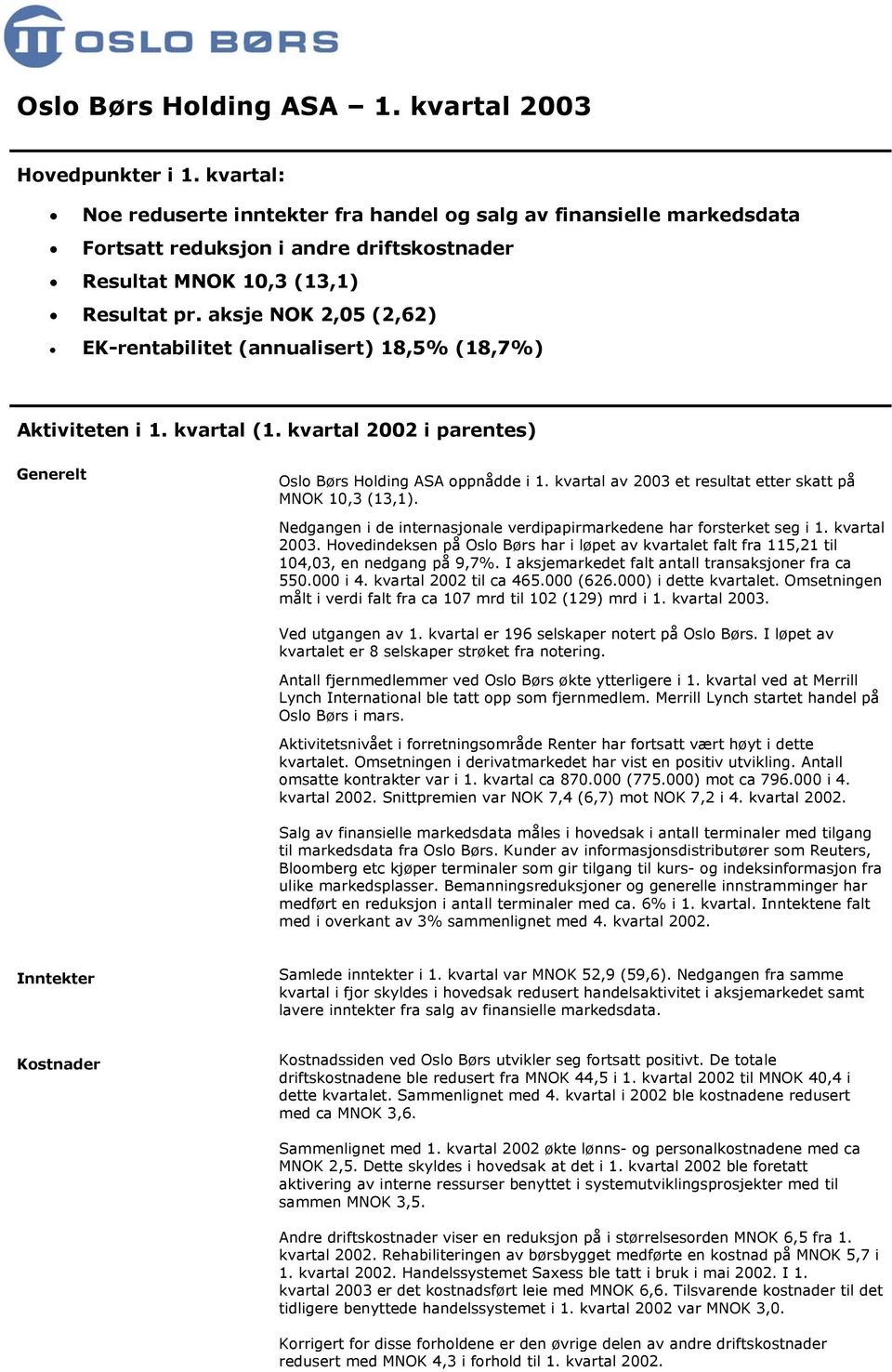 aksje NOK 2,5 (2,62) EK-rentabilitet (annualisert) 18,5% (18,7%) Aktiviteten i 1. kvartal (1. kvartal 22 i parentes) Generelt Oslo Børs Holding ASA oppnådde i 1.