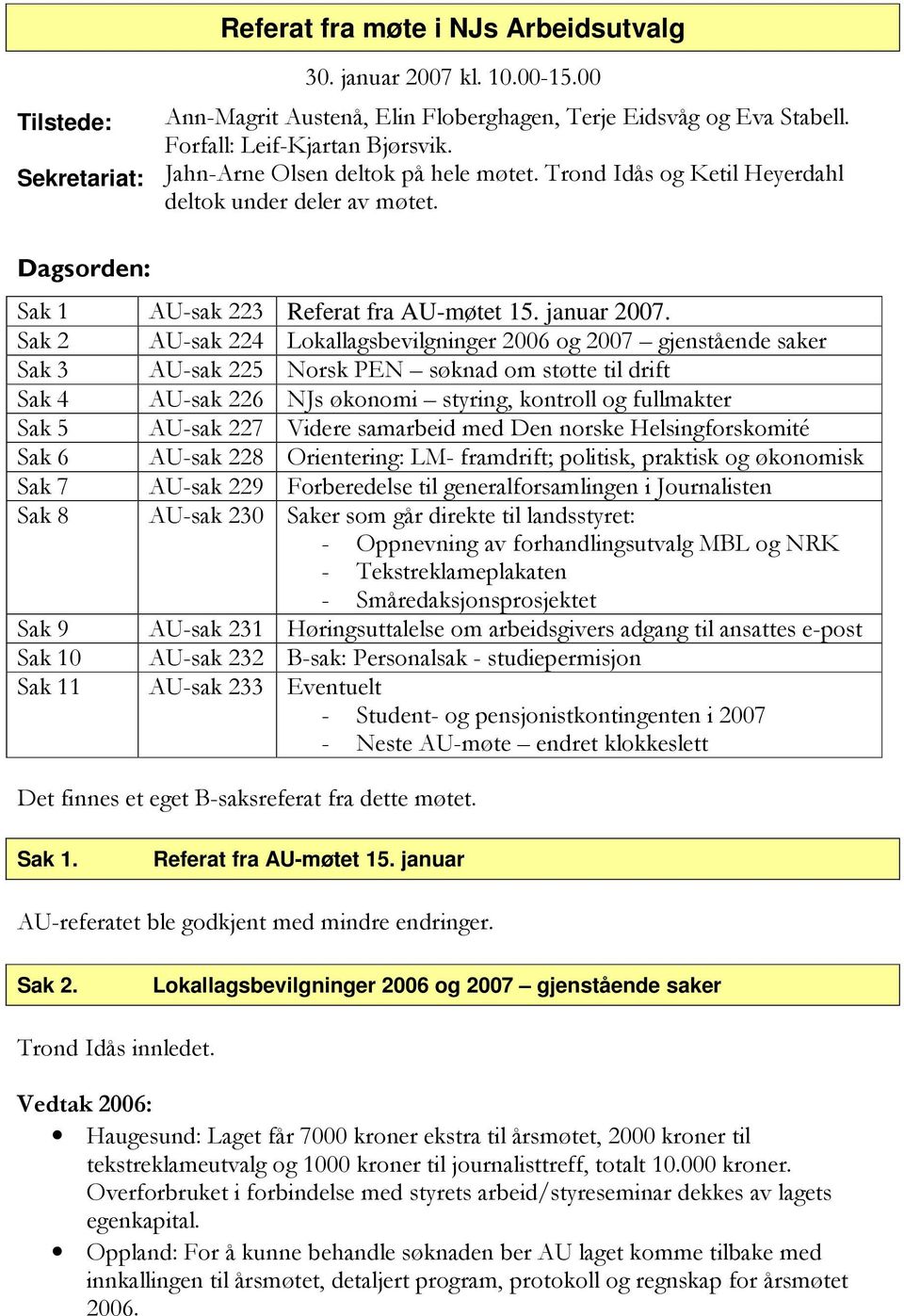 Sak 2 AU-sak 224 Lokallagsbevilgninger 2006 og 2007 gjenstående saker Sak 3 AU-sak 225 Norsk PEN søknad om støtte til drift Sak 4 AU-sak 226 NJs økonomi styring, kontroll og fullmakter Sak 5 AU-sak