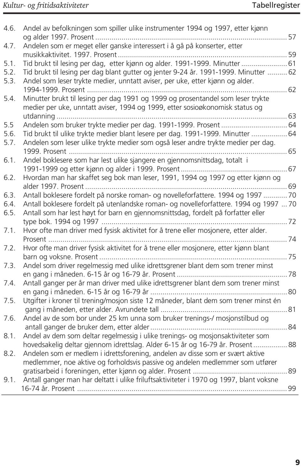 1991-1999. Minutter... 61 5.2. Tid brukt til lesing per dag blant gutter og jenter 9-24 år. 1991-1999. Minutter... 62 5.3. Andel som leser trykte medier, unntatt aviser, per uke, etter kjønn og alder.