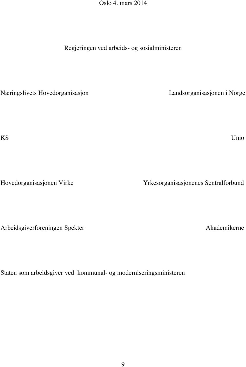 Hovedorganisasjon Landsorganisasjonen i Norge KS Unio Hovedorganisasjonen