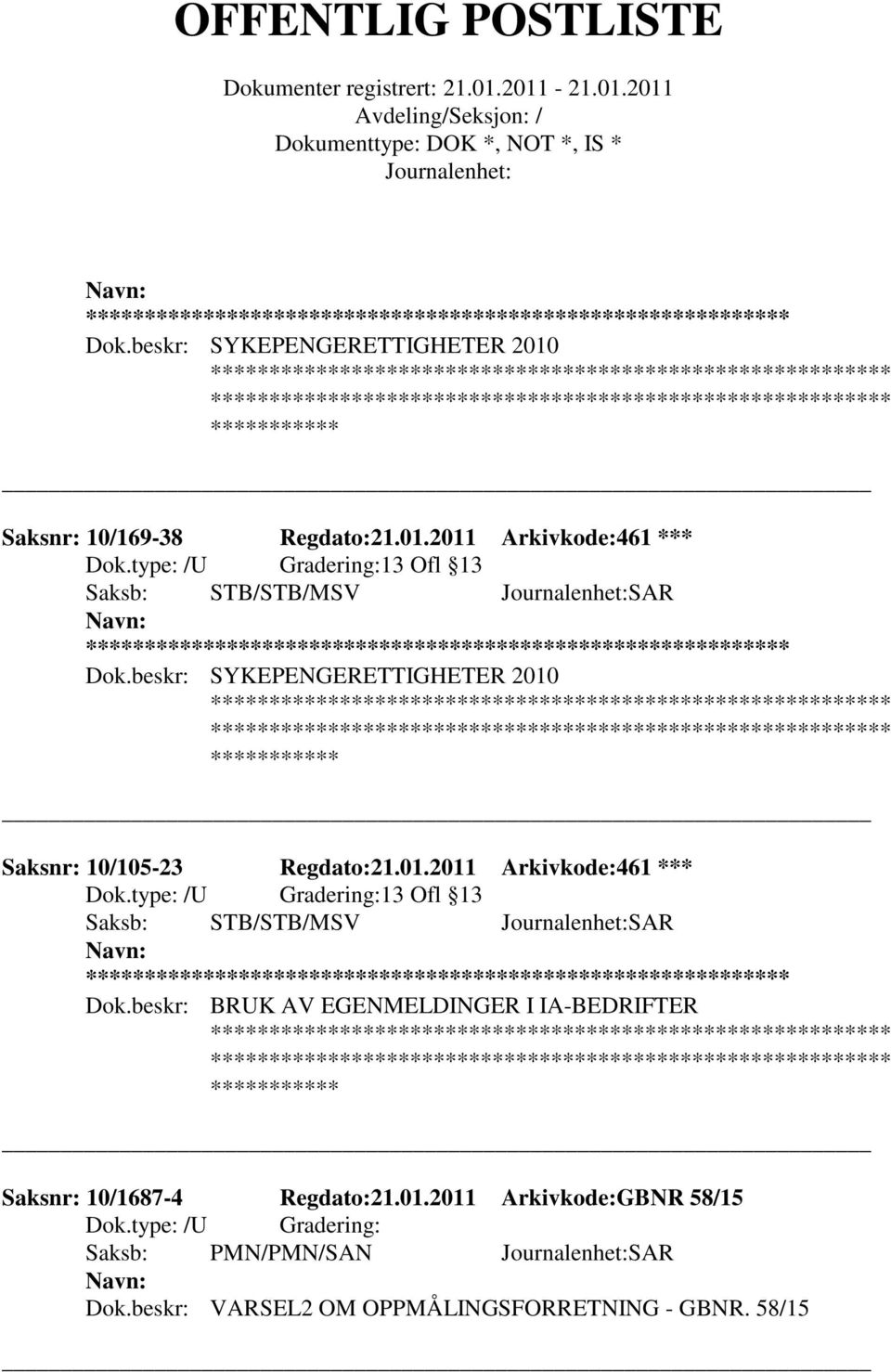 beskr: BRUK AV EGENMELDINGER I IA-BEDRIFTER Saksnr: 10/1687-4 Regdato:21.01.