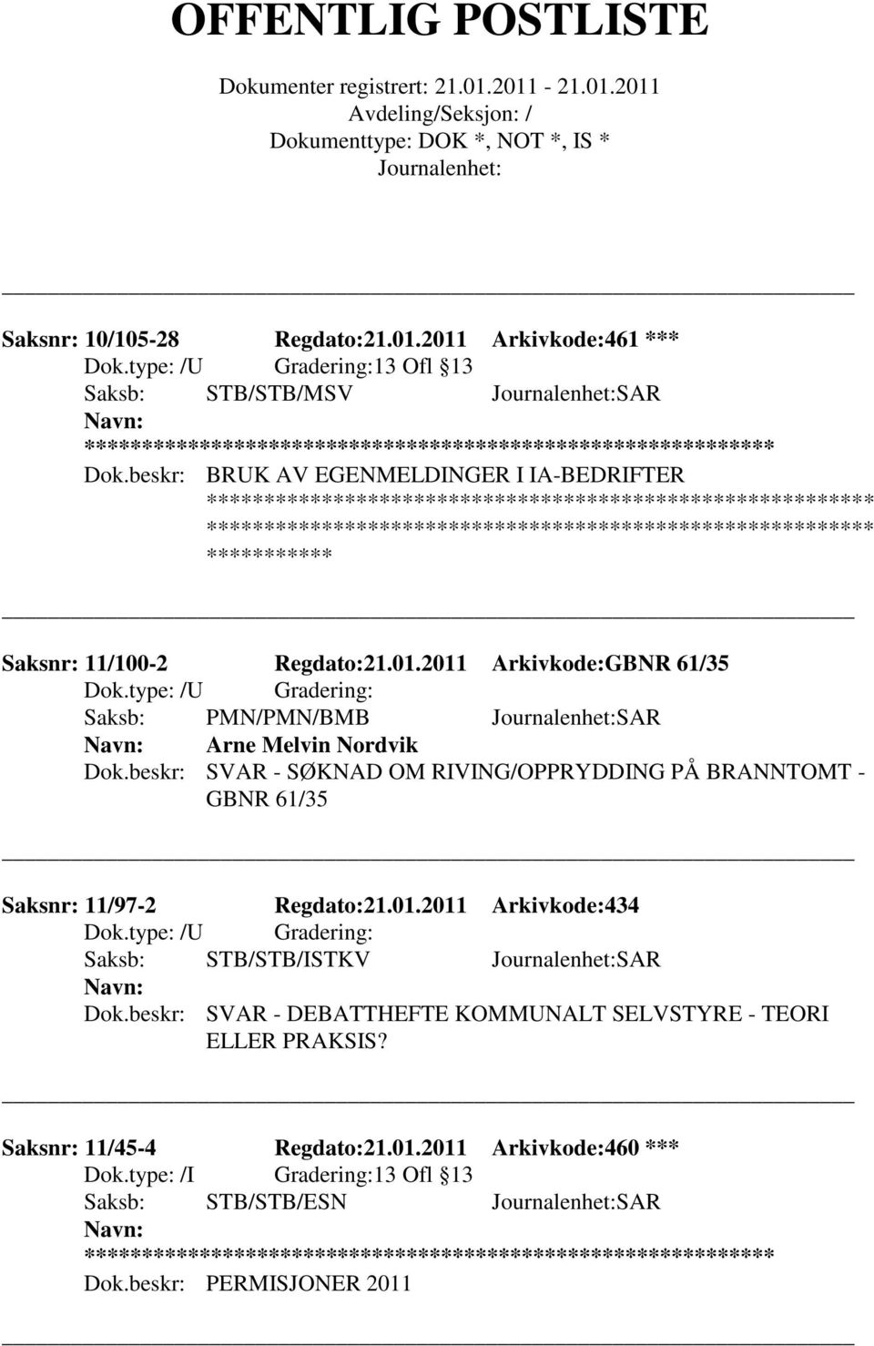 2011 Arkivkode:GBNR 61/35 Saksb: PMN/PMN/BMB SAR Arne Melvin Nordvik Dok.