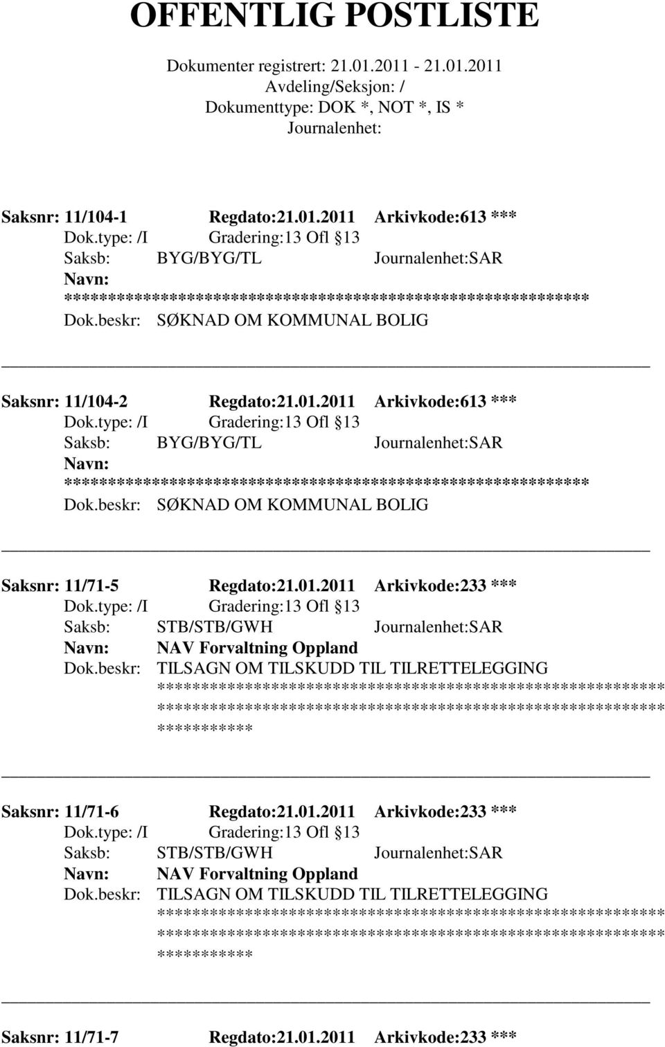 beskr: TILSAGN OM TILSKUDD TIL TILRETTELEGGING Saksnr: 11/71-6 Regdato:21.