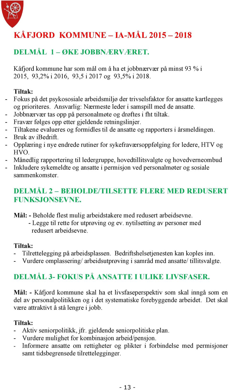 - Jobbnærvær tas opp på personalmøte og drøftes i fht tiltak. - Fravær følges opp etter gjeldende retningslinjer. - Tiltakene evalueres og formidles til de ansatte og rapporters i årsmeldingen.