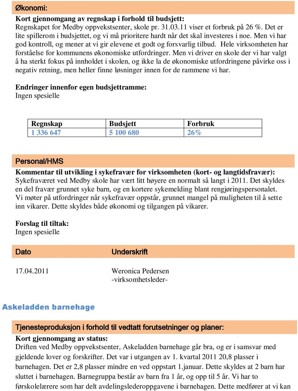 Hele virksomheten har forståelse for kommunens økonomiske utfordringer.