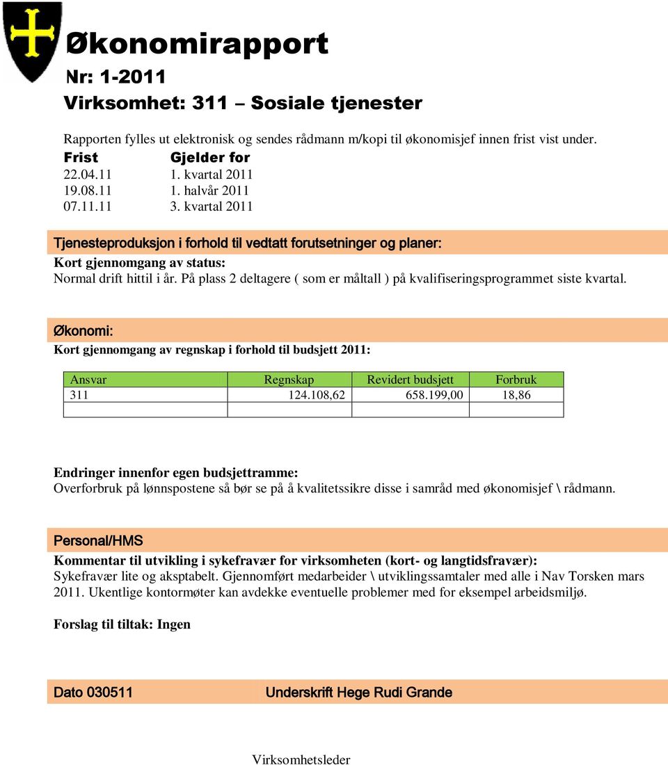 På plass 2 deltagere ( som er måltall ) på kvalifiseringsprogrammet siste kvartal. Økonomi: Kort gjennomgang av regnskap i forhold til budsjett 2011: Ansvar Regnskap Revidert budsjett Forbruk 311 124.