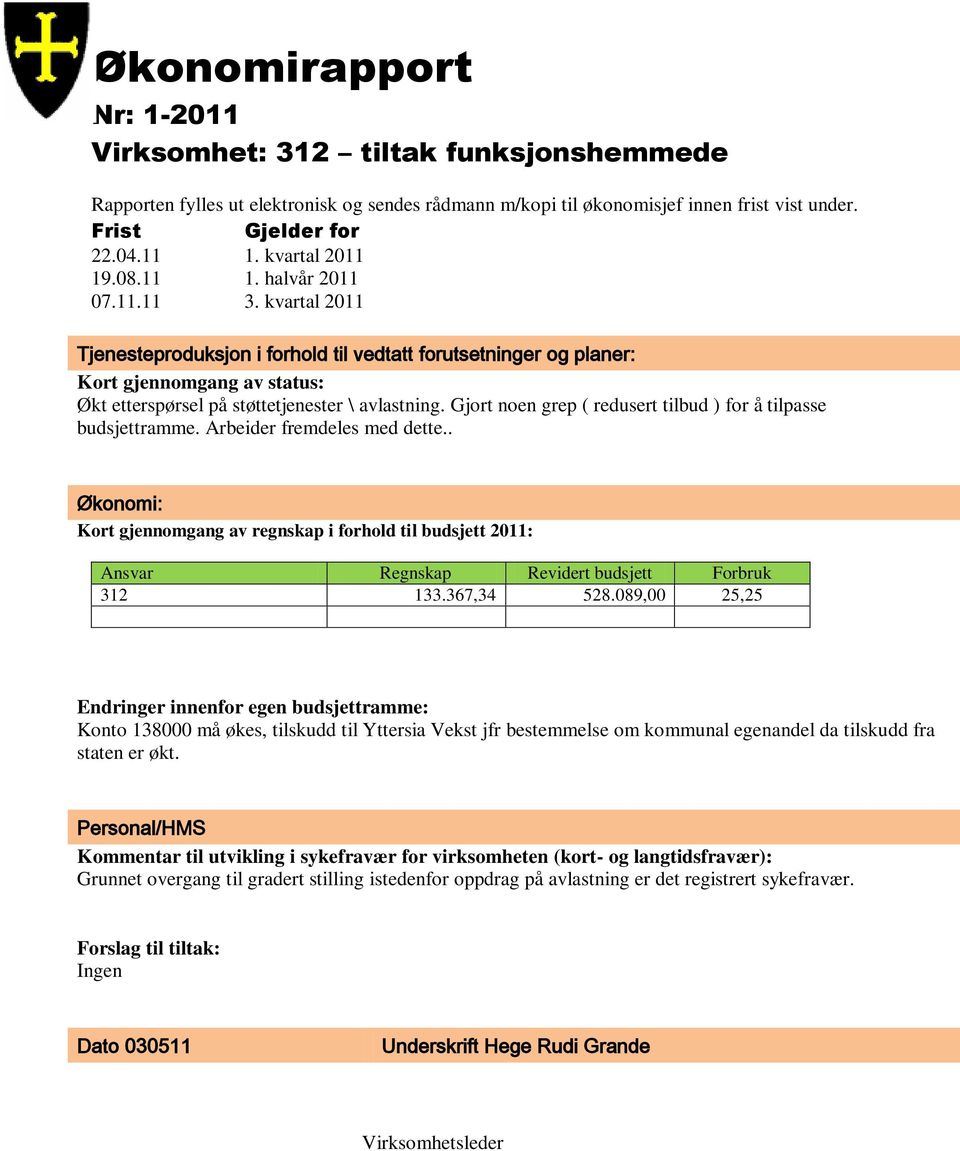 kvartal 2011 Tjenesteproduksjon i forhold til vedtatt forutsetninger og planer: Kort gjennomgang av status: Økt etterspørsel på støttetjenester \ avlastning.