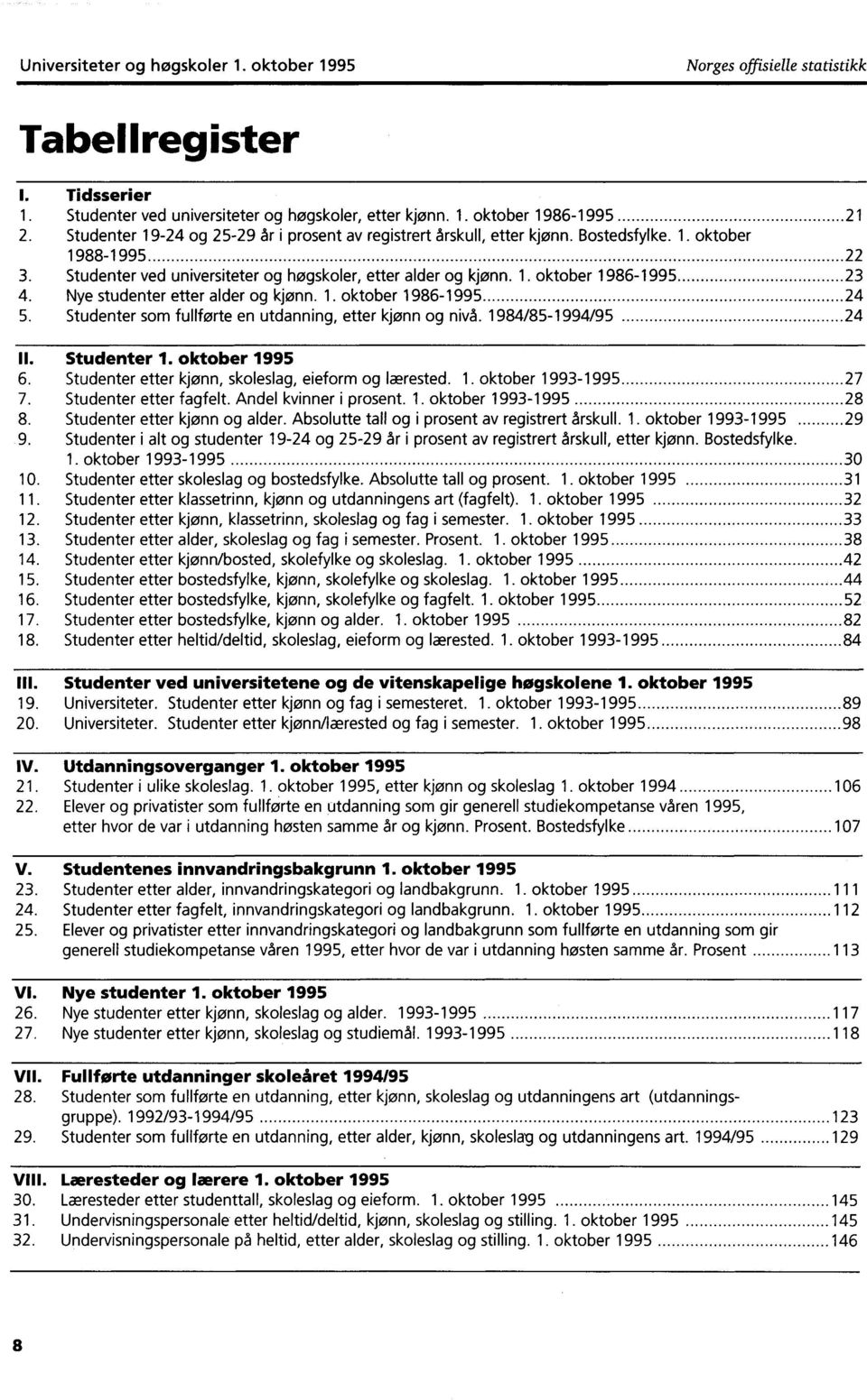 Nye studenter etter alder og kjønn.. oktober 9899. Studenter som fullførte en utdanning, etter kjenn og nivå. 98/899/9 II. Studenter. oktober 99. Studenter etter kjønn, skoleslag, eieform og lærested.