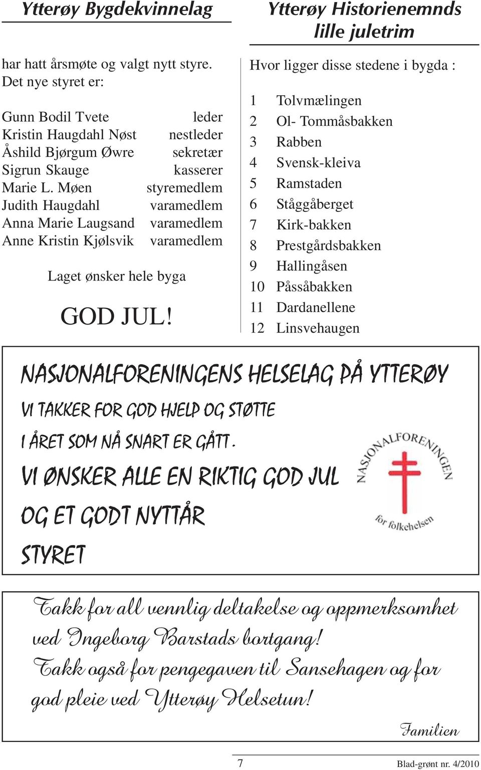 Ytterøy Historienemnds lille juletrim Hvor ligger disse stedene i bygda : 1 Tolvmælingen 2 Ol- Tommåsbakken 3 Rabben 4 Svensk-kleiva 5 Ramstaden 6 Ståggåberget 7 Kirk-bakken 8 Prestgårdsbakken 9