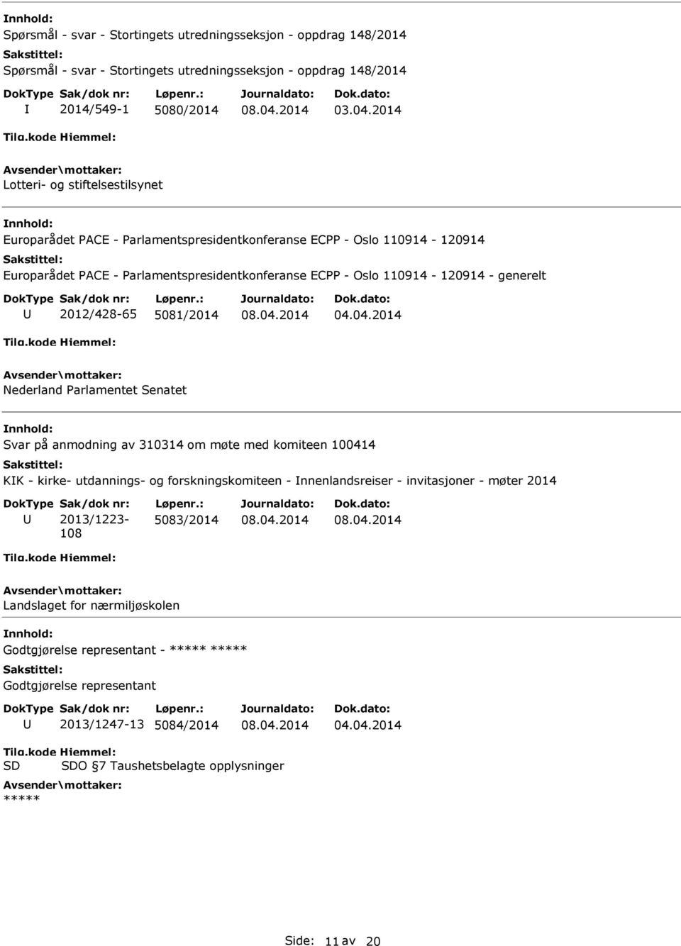 Nederland Parlamentet Senatet Svar på anmodning av 310314 om møte med komiteen 100414 KK - kirke- utdannings- og forskningskomiteen - nnenlandsreiser - invitasjoner - møter 2014 Sak/dok