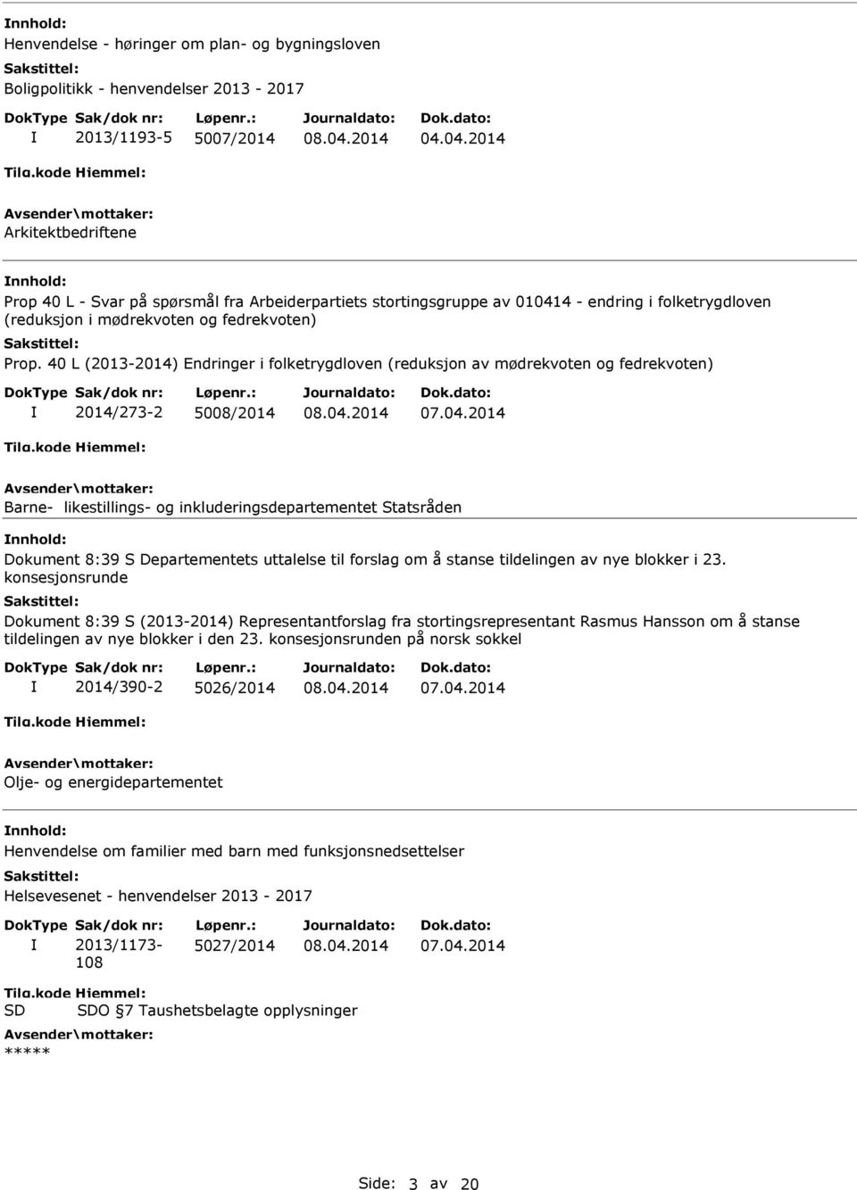 40 L (2013-2014) Endringer i folketrygdloven (reduksjon av mødrekvoten og fedrekvoten) 2014/273-2 5008/2014 Barne- likestillings- og inkluderingsdepartementet Statsråden Dokument 8:39 S