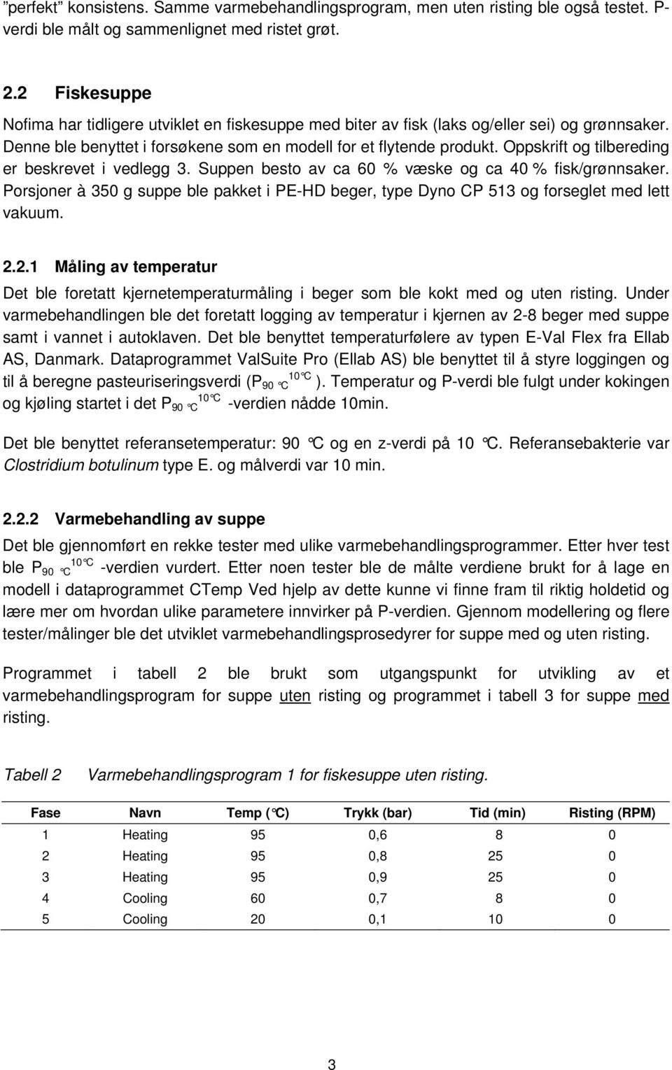 Oppskrift og tilbereding er beskrevet i vedlegg 3. Suppen besto av ca 60 % væske og ca 40 % fisk/grønnsaker.