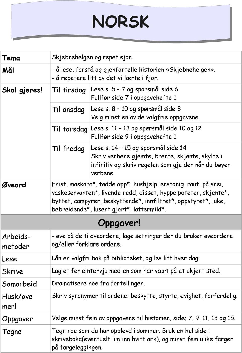 Til torsdag Lese s. 11 13 og spørsmål side 10 og 12 Fullfør side 9 i oppgavehefte 1. Til fredag Lese s.