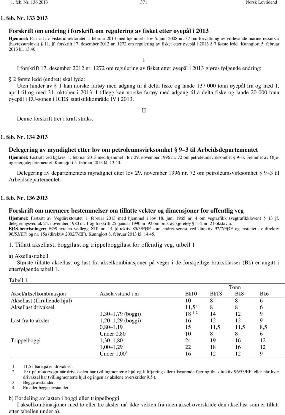 1272 om regulering av fisket etter øyepål i 2013 7 første ledd. Kunngjort 5. februar 2013 kl. 13.40. I I forskrift 17. desember 2012 nr.