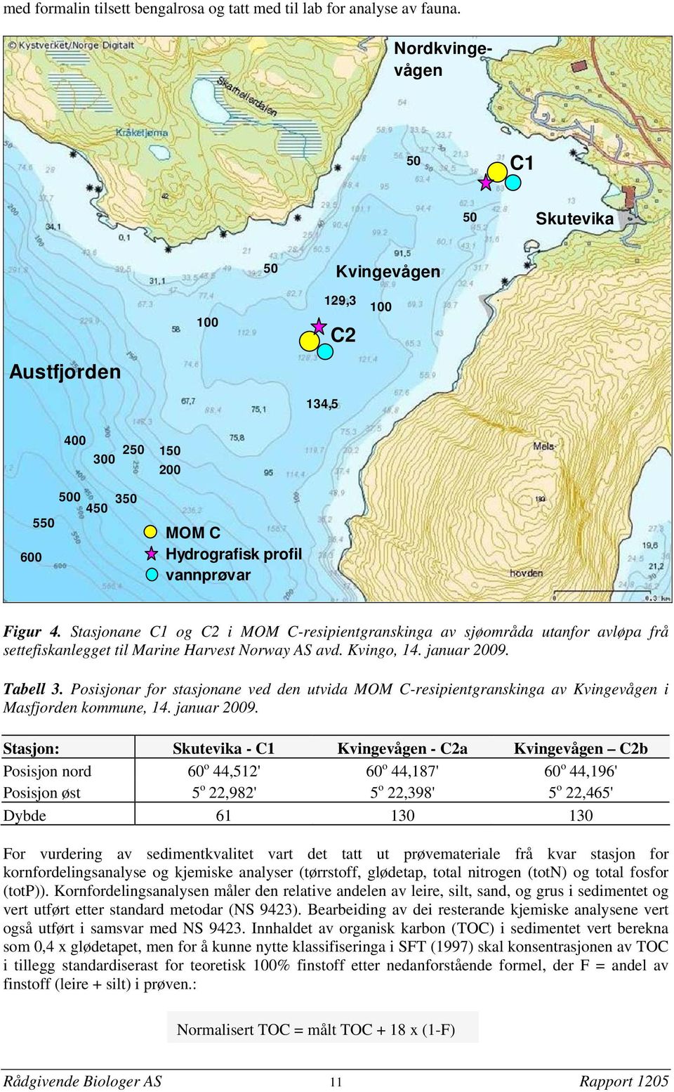 Stasjonane C1 og C2 i MOM C-resipientgranskinga av sjøområda utanfor avløpa frå settefiskanlegget til Marine Harvest Norway AS avd. Kvingo, 14. januar 2009. Tabell 3.