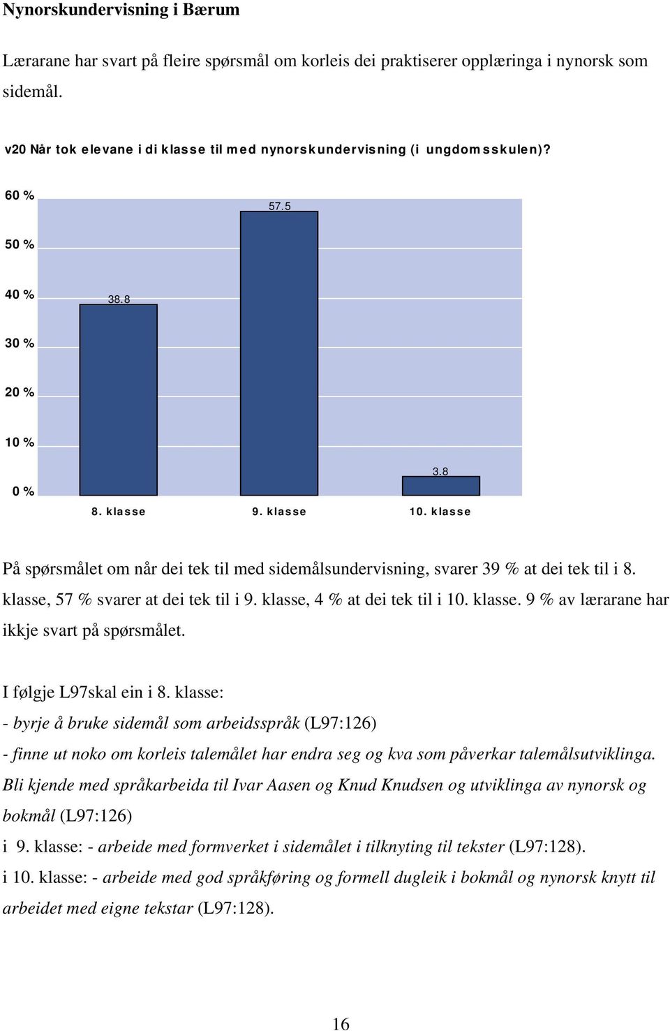 klasse På spørsmålet om når dei tek til med sidemålsundervisning, svarer 39 % at dei tek til i 8. klasse, 57 % svarer at dei tek til i 9. klasse, 4 % at dei tek til i 10. klasse. 9 % av lærarane har ikkje svart på spørsmålet.