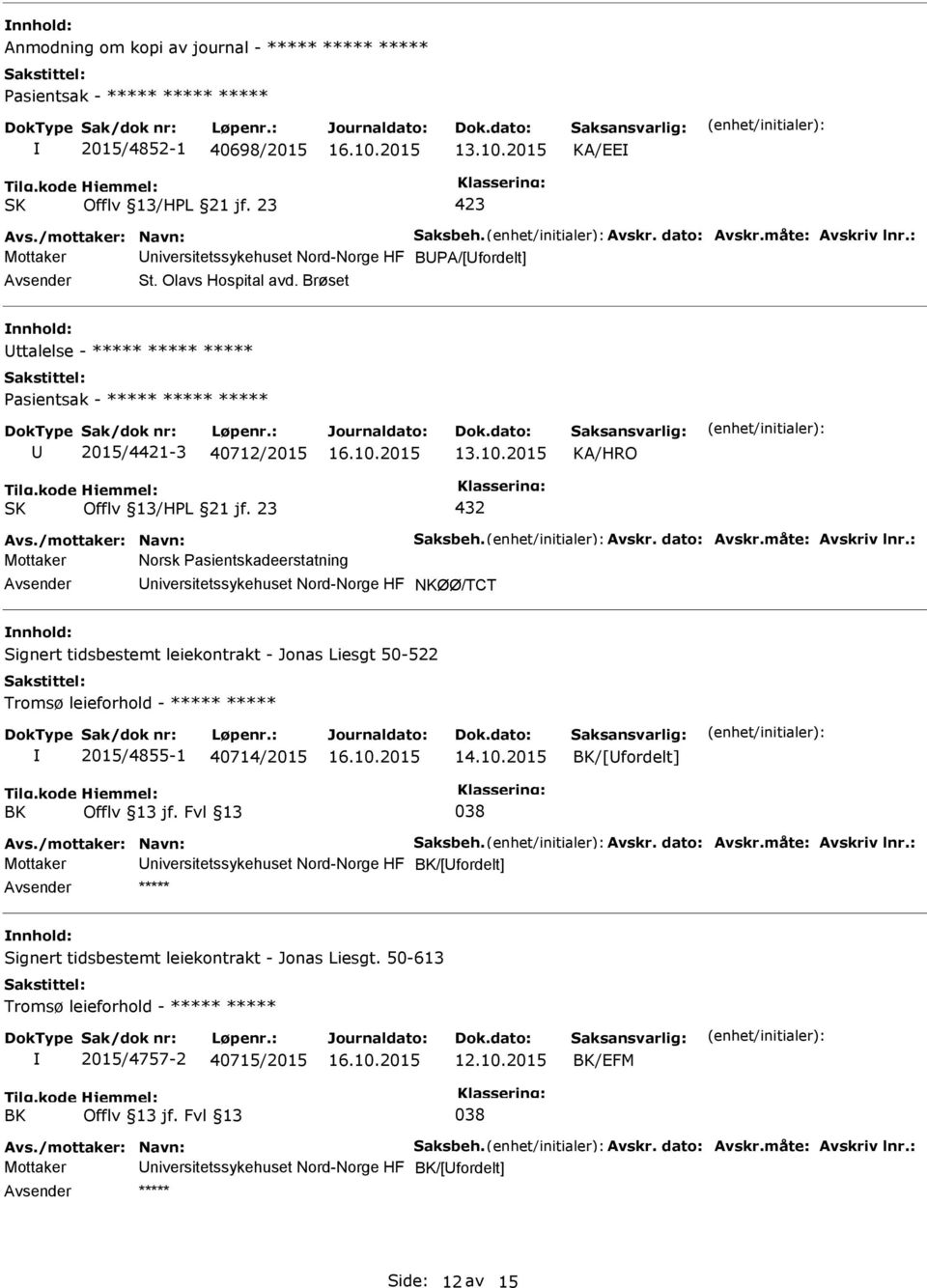 2015 432 Mottaker Norsk Pasientskadeerstatning niversitetssykehuset Nord-Norge HF NKØØ/TCT Signert tidsbestemt leiekontrakt - Jonas Liesgt 50-522 Tromsø leieforhold - ***** ***** 2015/4855-1