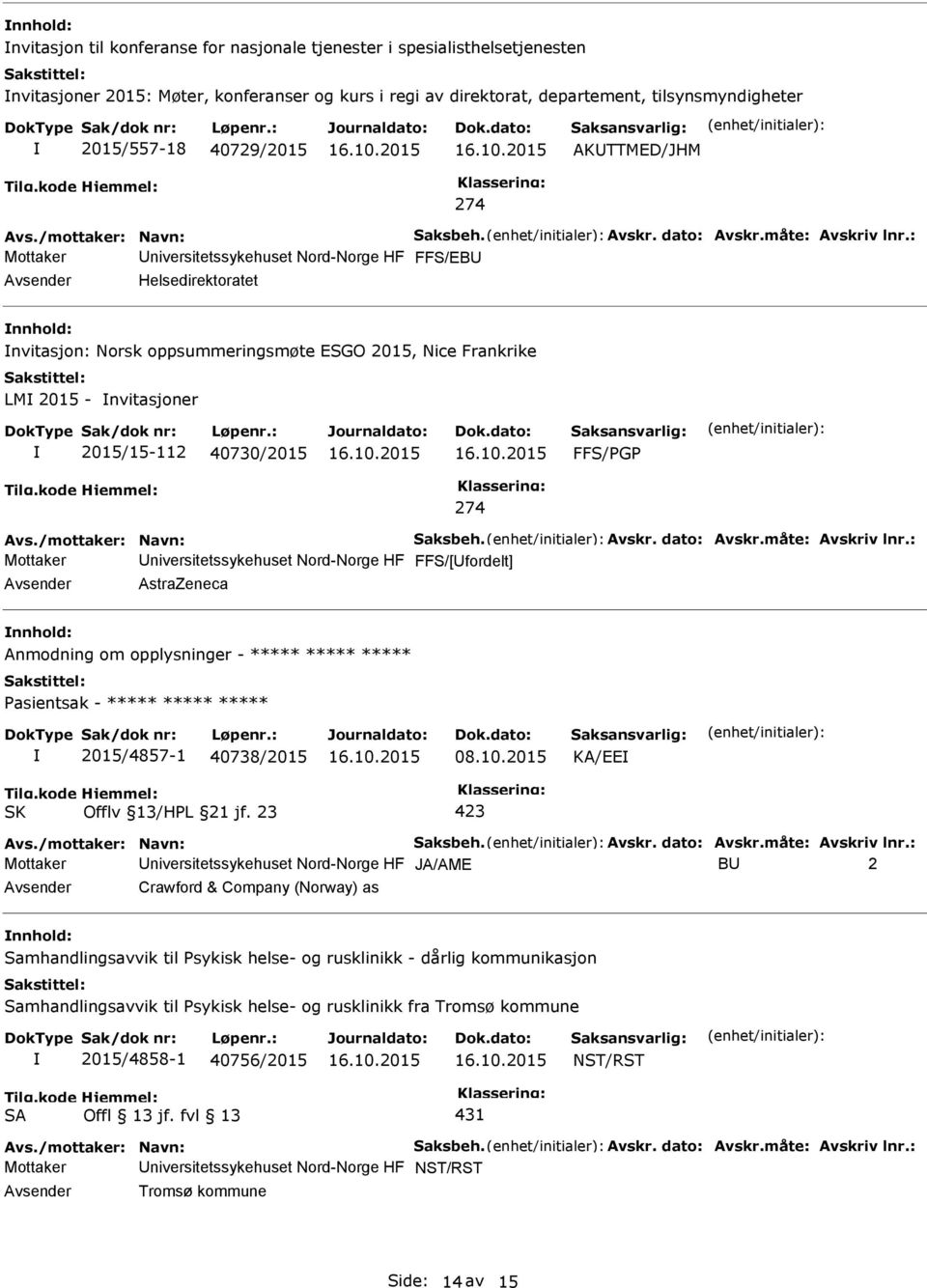 274 Mottaker niversitetssykehuset Nord-Norge HF FFS/[fordelt] AstraZeneca Anmodning om opplysninger - ***** ***** ***** 2015/4857-1 40738/2015 08.10.