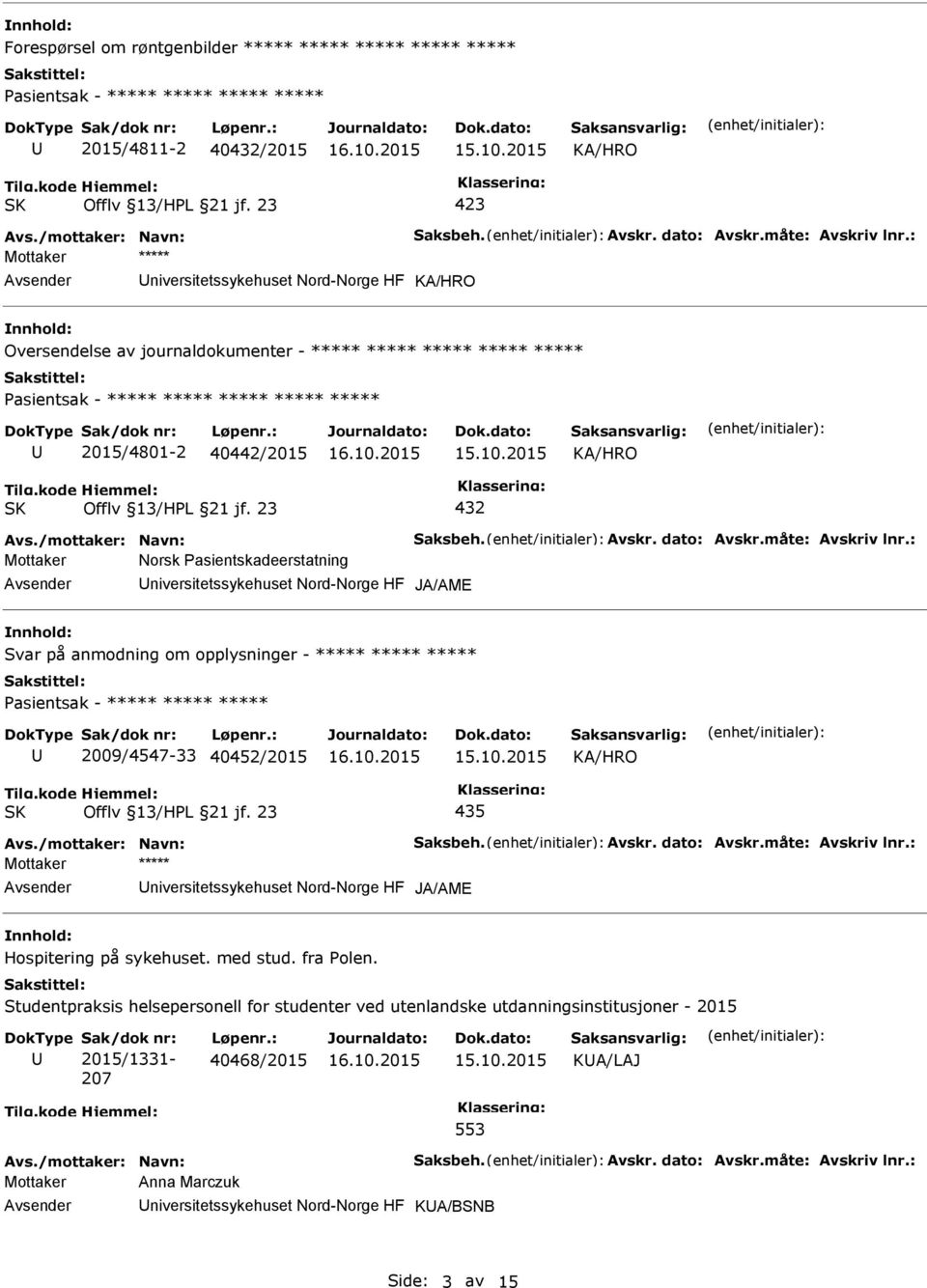 ***** ***** ***** 2009/4547-33 40452/2015 435 Mottaker ***** niversitetssykehuset Nord-Norge HF JA/AME Hospitering på sykehuset. med stud. fra Polen.