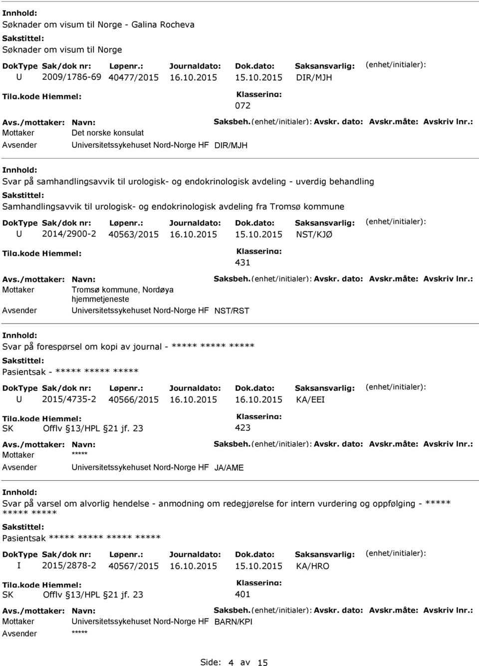 Mottaker Tromsø kommune, Nordøya hjemmetjeneste niversitetssykehuset Nord-Norge HF Svar på forespørsel om kopi av journal - ***** ***** ***** 2015/4735-2 40566/2015 KA/EE Mottaker *****