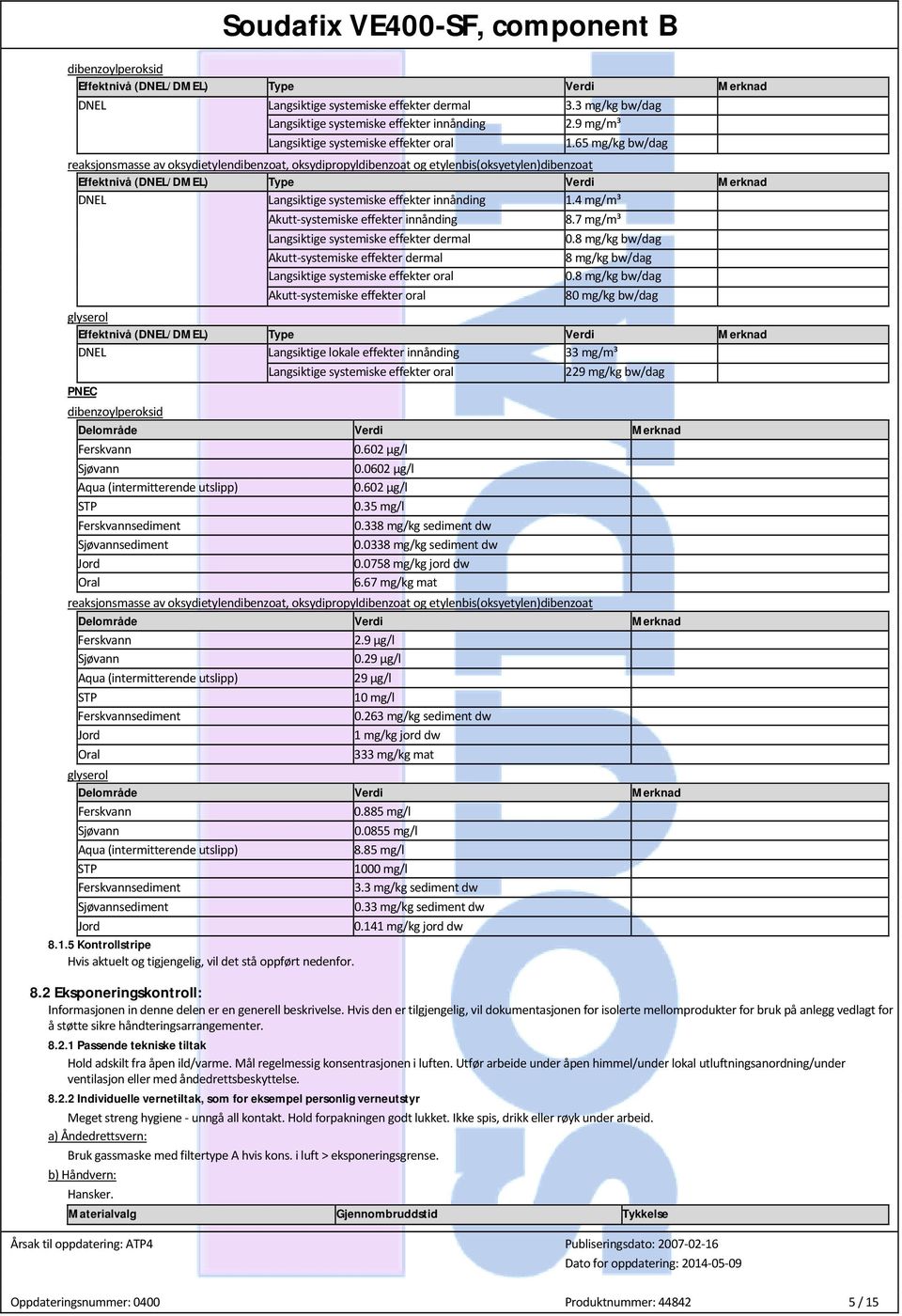 8 mg/kg Akutt-systemiske effekter dermal 8 mg/kg Langsiktige systemiske effekter oral 0.