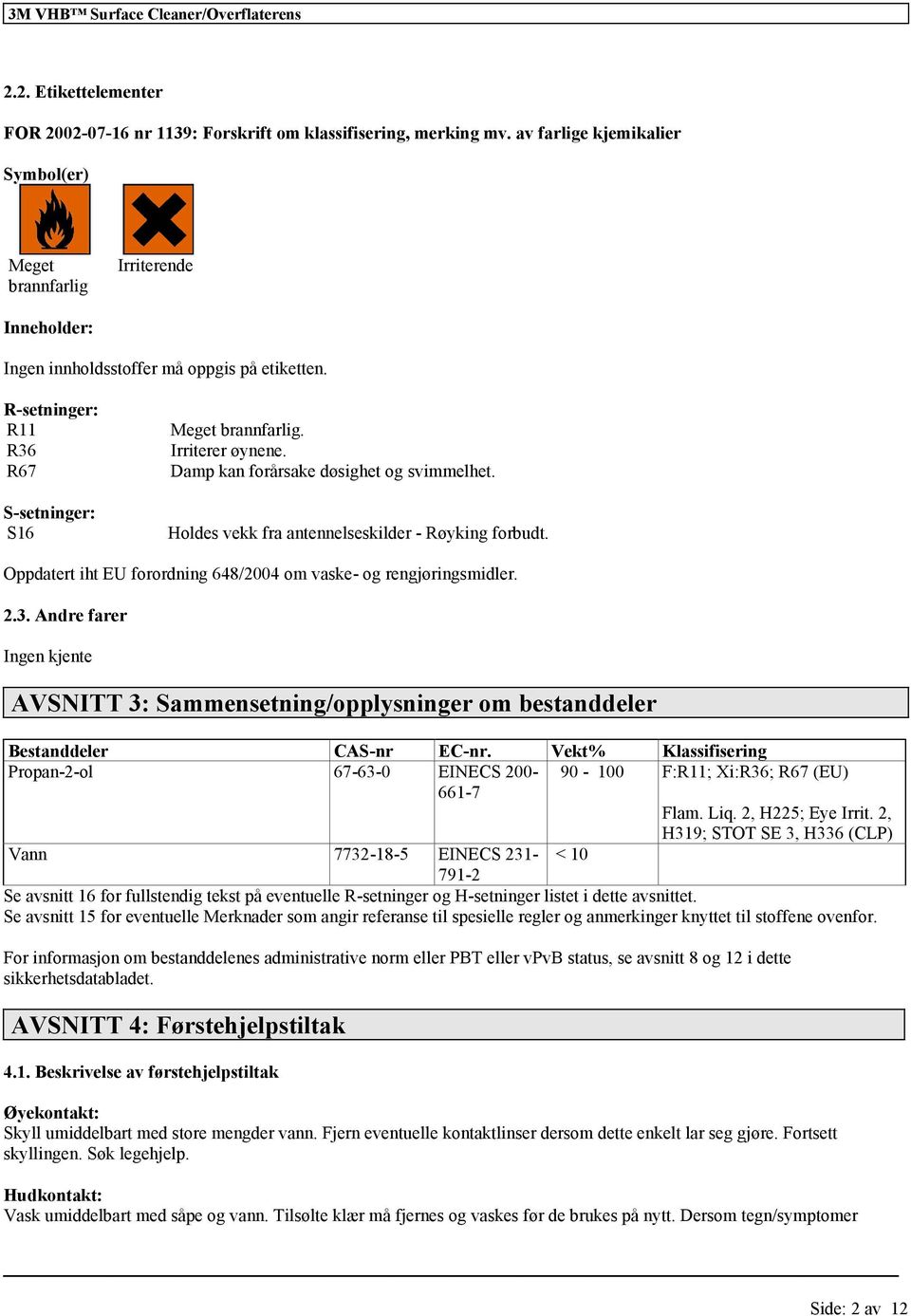 Damp kan forårsake døsighet og svimmelhet. Holdes vekk fra antennelseskilder - Røyking forbudt. Oppdatert iht EU forordning 648/2004 om vaske- og rengjøringsmidler. 2.3.