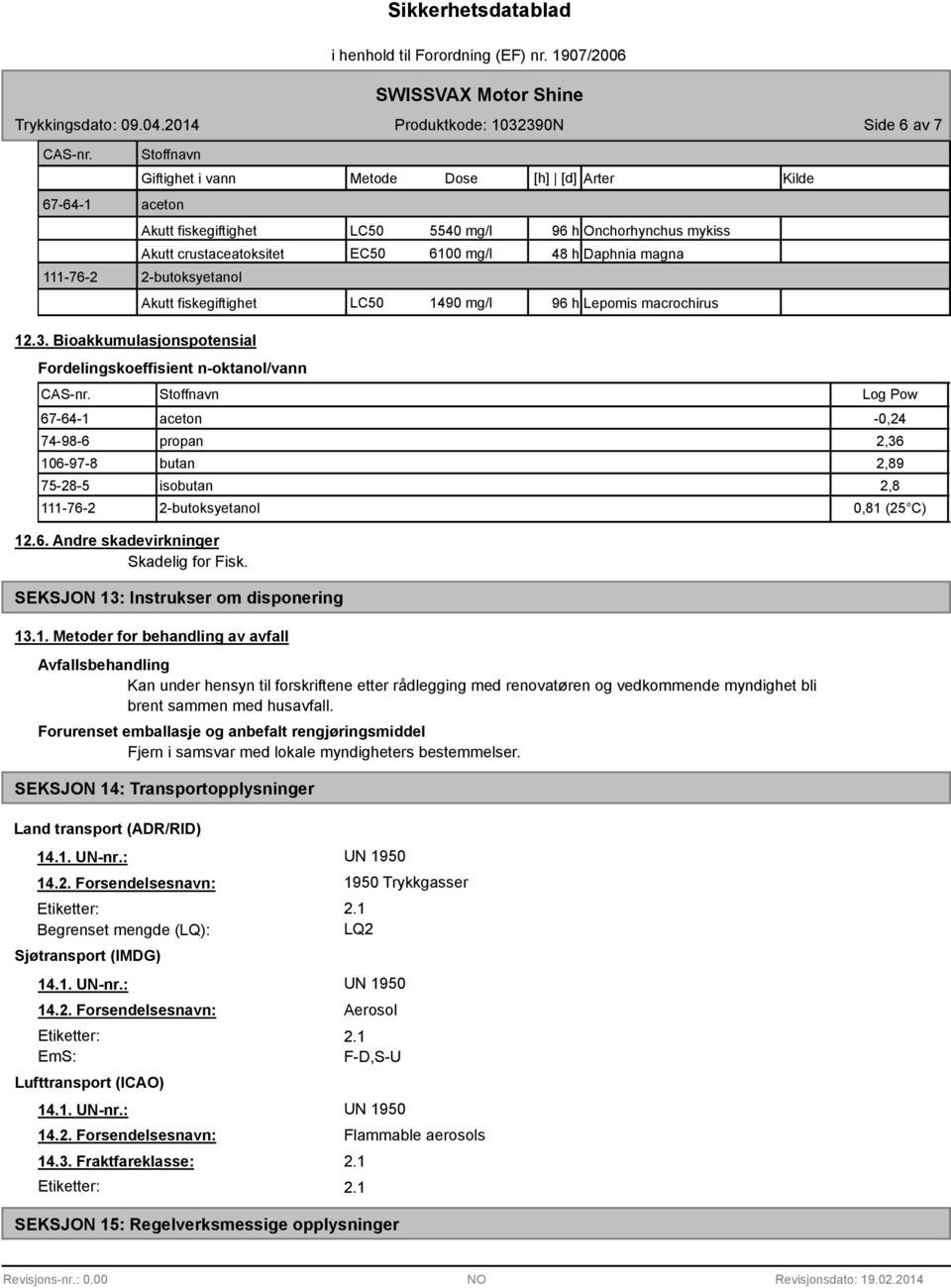 Bioakkumulasjonspotensial Fordelingskoeffisient n-oktanol/vann Log Pow 67-64-1 aceton -0,24 74-98-6 propan 2,36 106-97-8 butan 2,89 75-28-5 isobutan 2,8 111-76-2 2-butoksyetanol 0,81 (25 C) 12.6. Andre skadevirkninger Skadelig for Fisk.