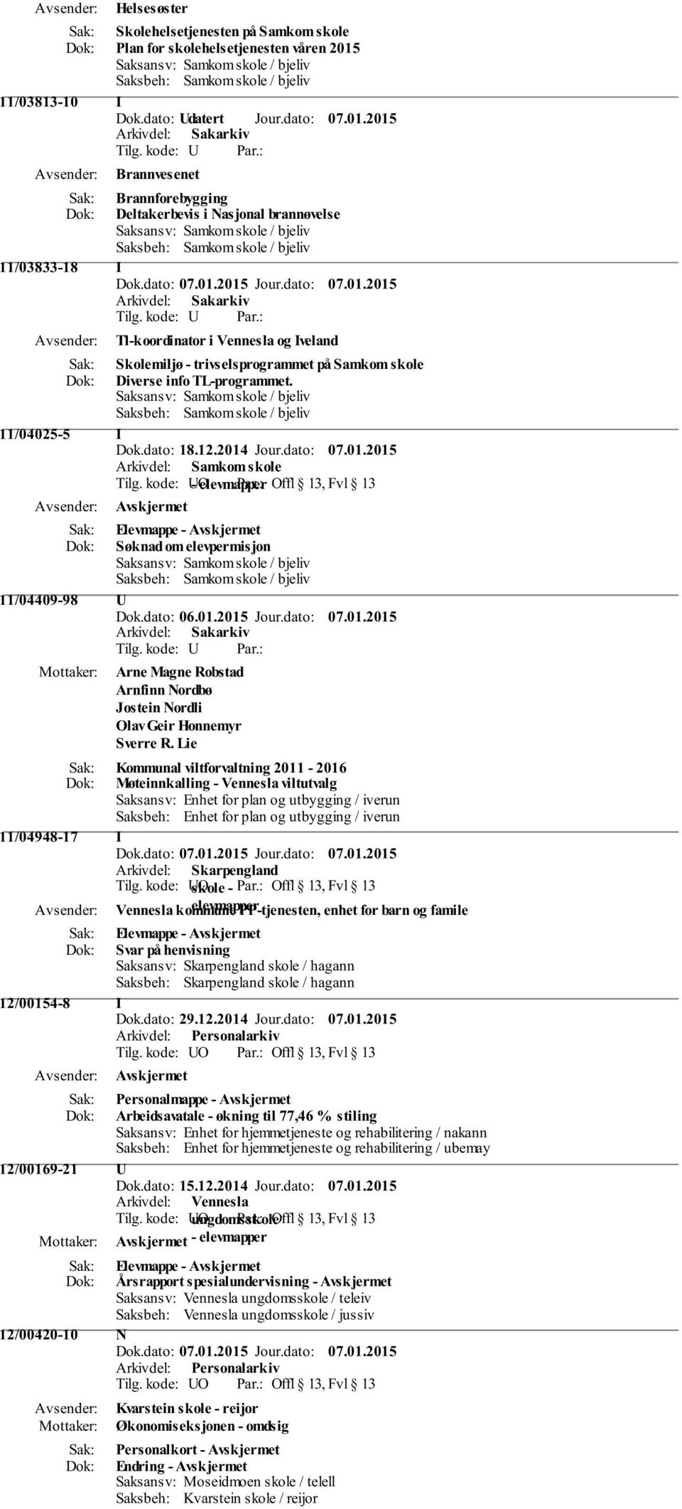 2015 Brannvesenet Brannforebygging Deltakerbevis i Nasjonal brannøvelse 11/03833-18 I Tl-koordinator i Vennesla og Iveland Skolemiljø - trivselsprogrammet på Samkom skole Diverse info TL-programmet.