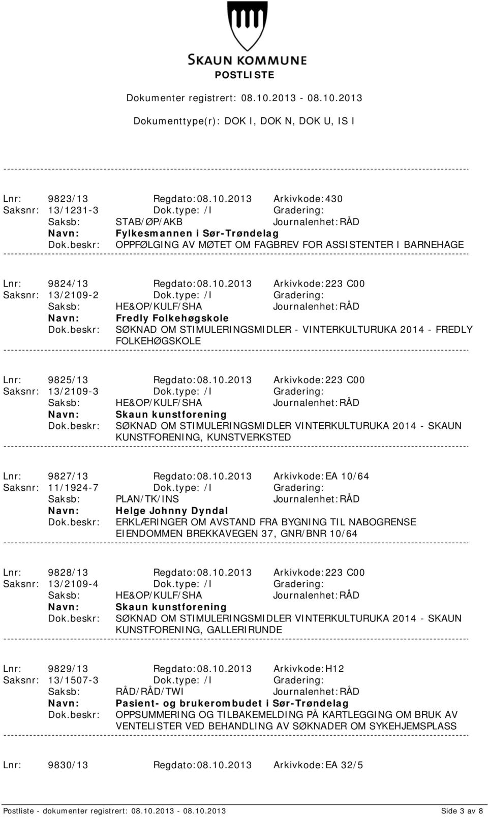 2013 Arkivkode:223 C00 Saksnr: 13/2109-2 Dok.type: /I Gradering: Fredly Folkehøgskole SØKNAD OM STIMULERINGSMIDLER - VINTERKULTURUKA 2014 - FREDLY FOLKEHØGSKOLE Lnr: 9825/13 Regdato:08.10.2013 Arkivkode:223 C00 Saksnr: 13/2109-3 Dok.